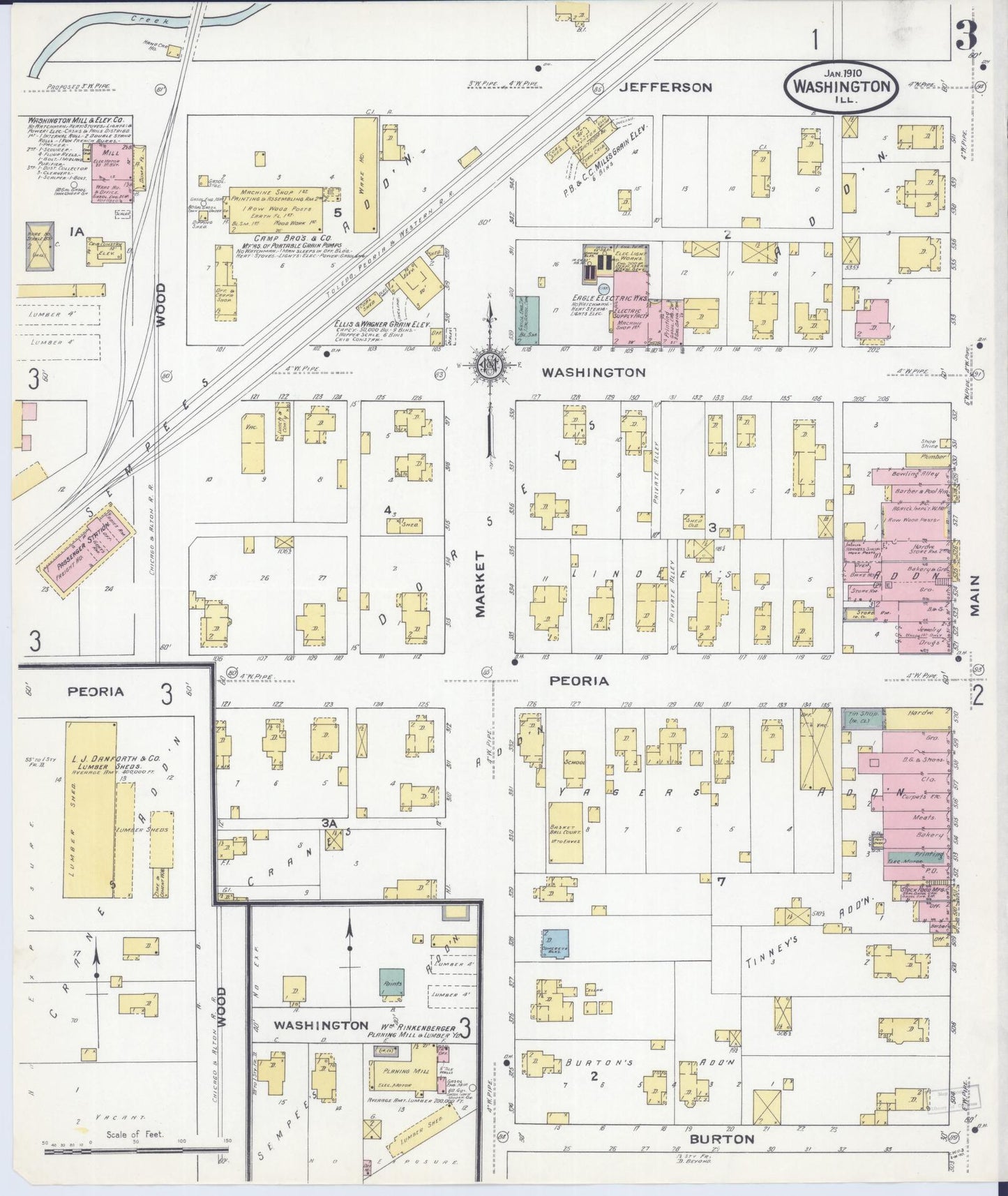 Sanborn Fire Insurance Map from Washington, Tazewell County, Illinois (1910), Sheet #0003 - Historic Sanborn Fire Insurance Map Print, vintage old map wall art, antique decor, genealogy gift, Washington Washington map