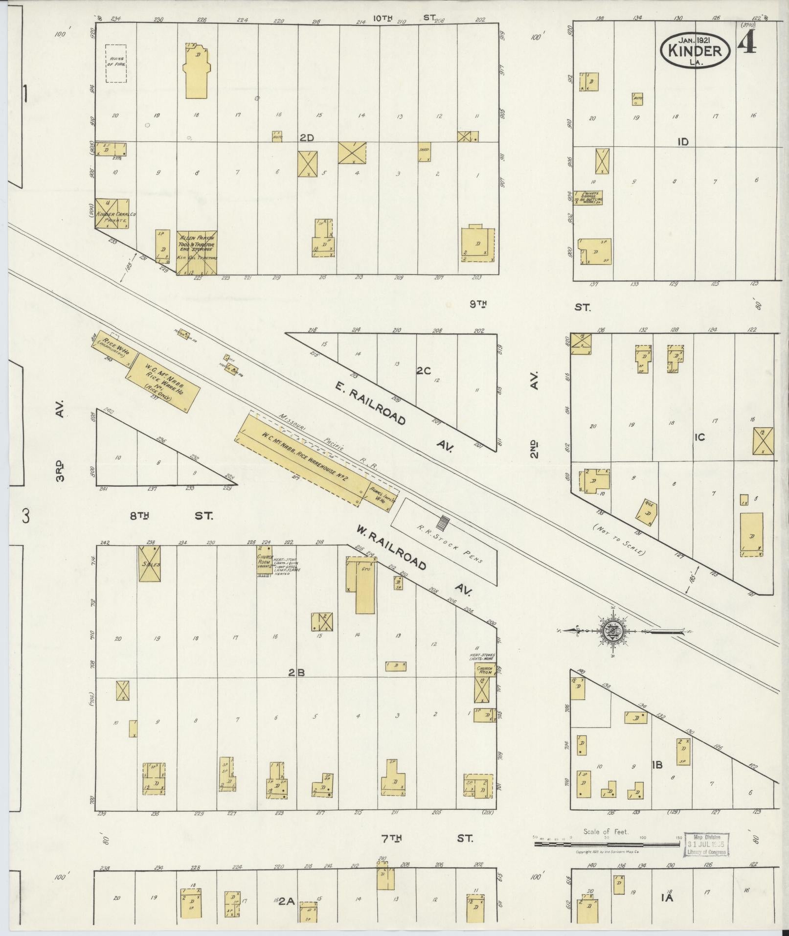 Sanborn Fire Insurance Map from Kinder, Allen Parish, Louisiana (1921), Sheet #0004 - Complete Map Set gallery image, historic Sanborn map, vintage wall art, Louisiana Louisiana