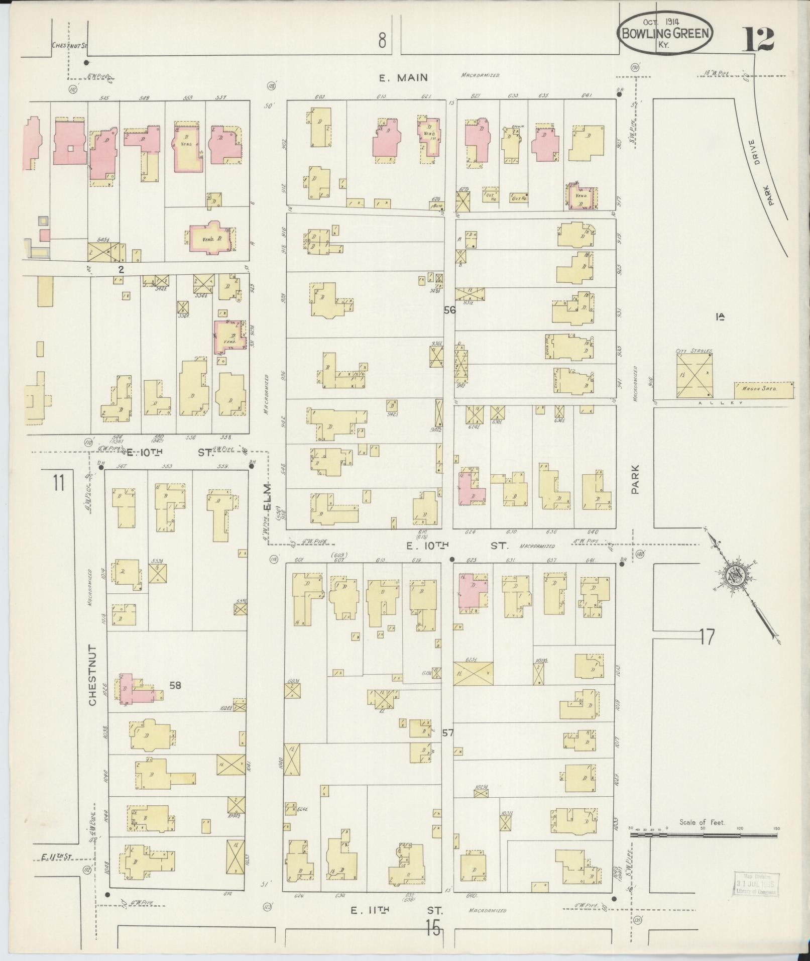 Sanborn Fire Insurance Map from Bowling Green, Warren County, Kentucky (1914), Sheet #0012 - Historic Sanborn Fire Insurance Map Print, vintage old map wall art, antique decor, genealogy gift, Kentucky Kentucky map