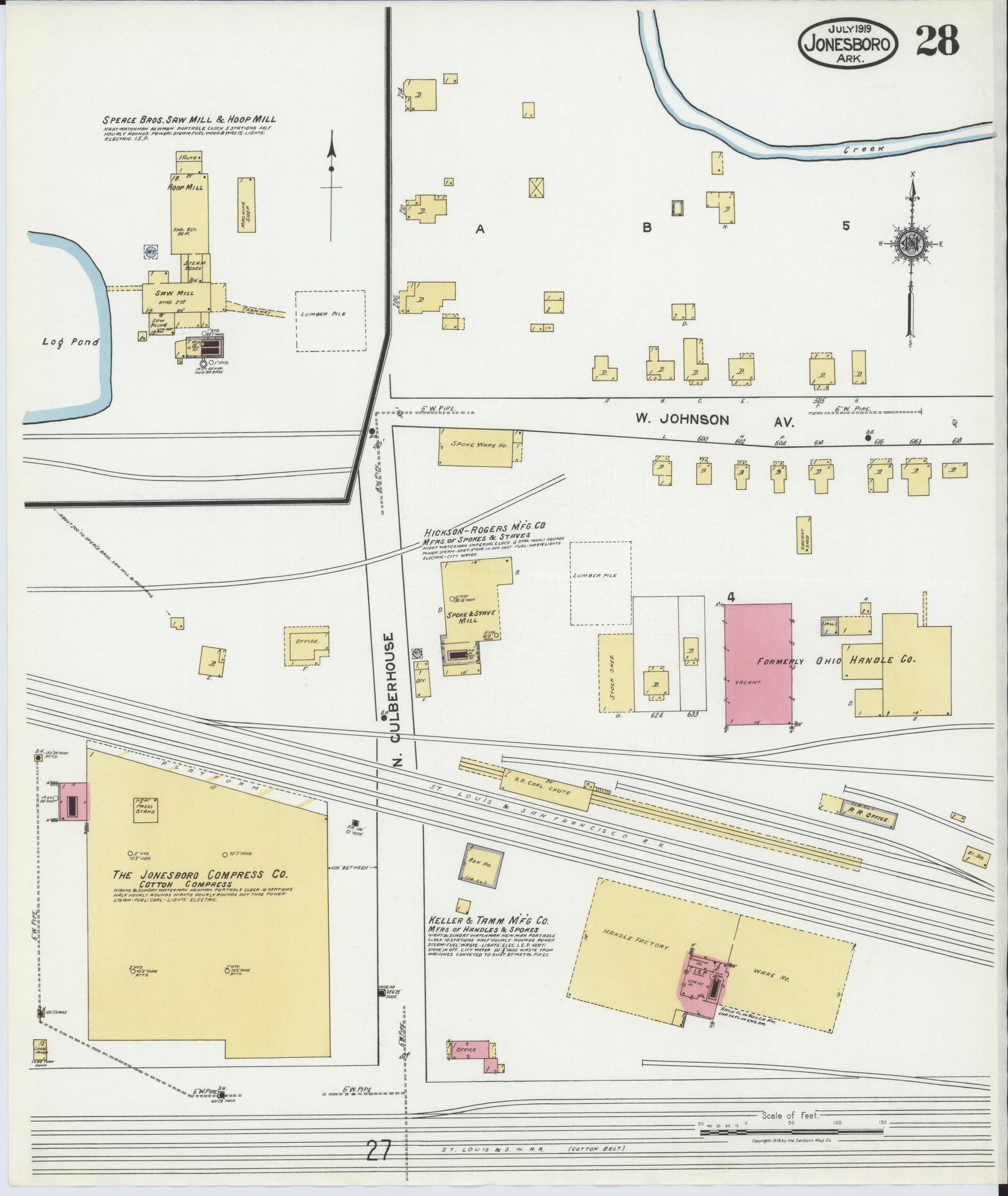 Sanborn Fire Insurance Map from Jonesboro, Craighead County, Arkansas (1919), Sheet #0028 - Historic Sanborn Fire Insurance Map Print, vintage old map wall art, antique decor, genealogy gift, Arkansas Arkansas map