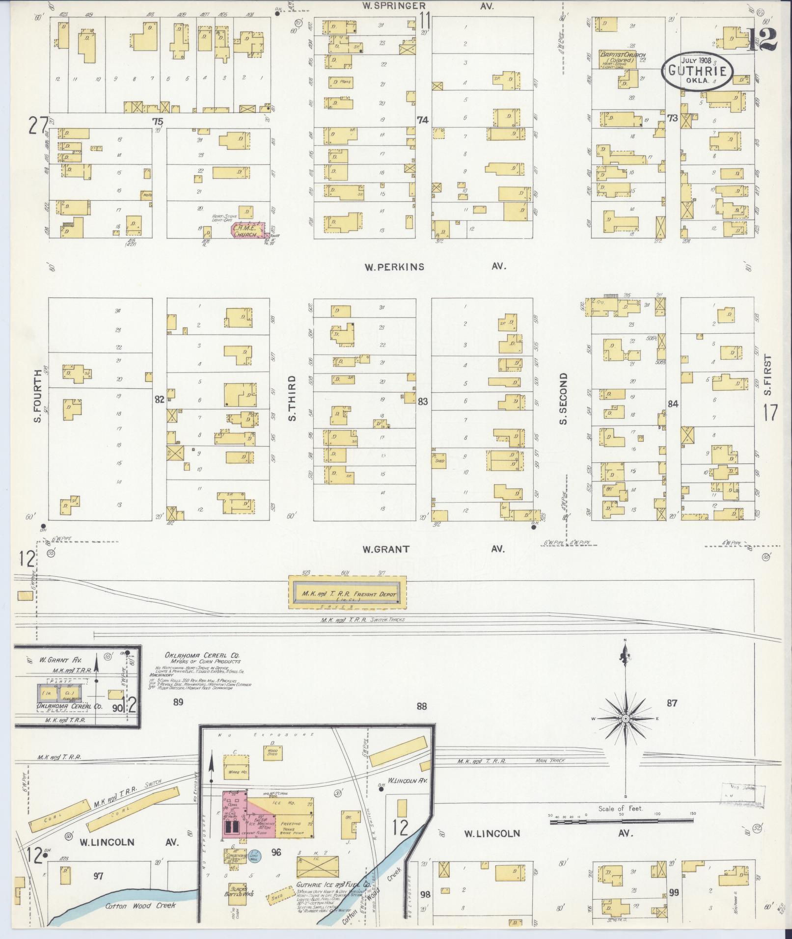 Sanborn Fire Insurance Map from Guthrie, Logan County, Oklahoma (1908), Sheet #0012 - Historic Sanborn Fire Insurance Map Print, vintage old map wall art, antique decor, genealogy gift, Oklahoma Oklahoma map