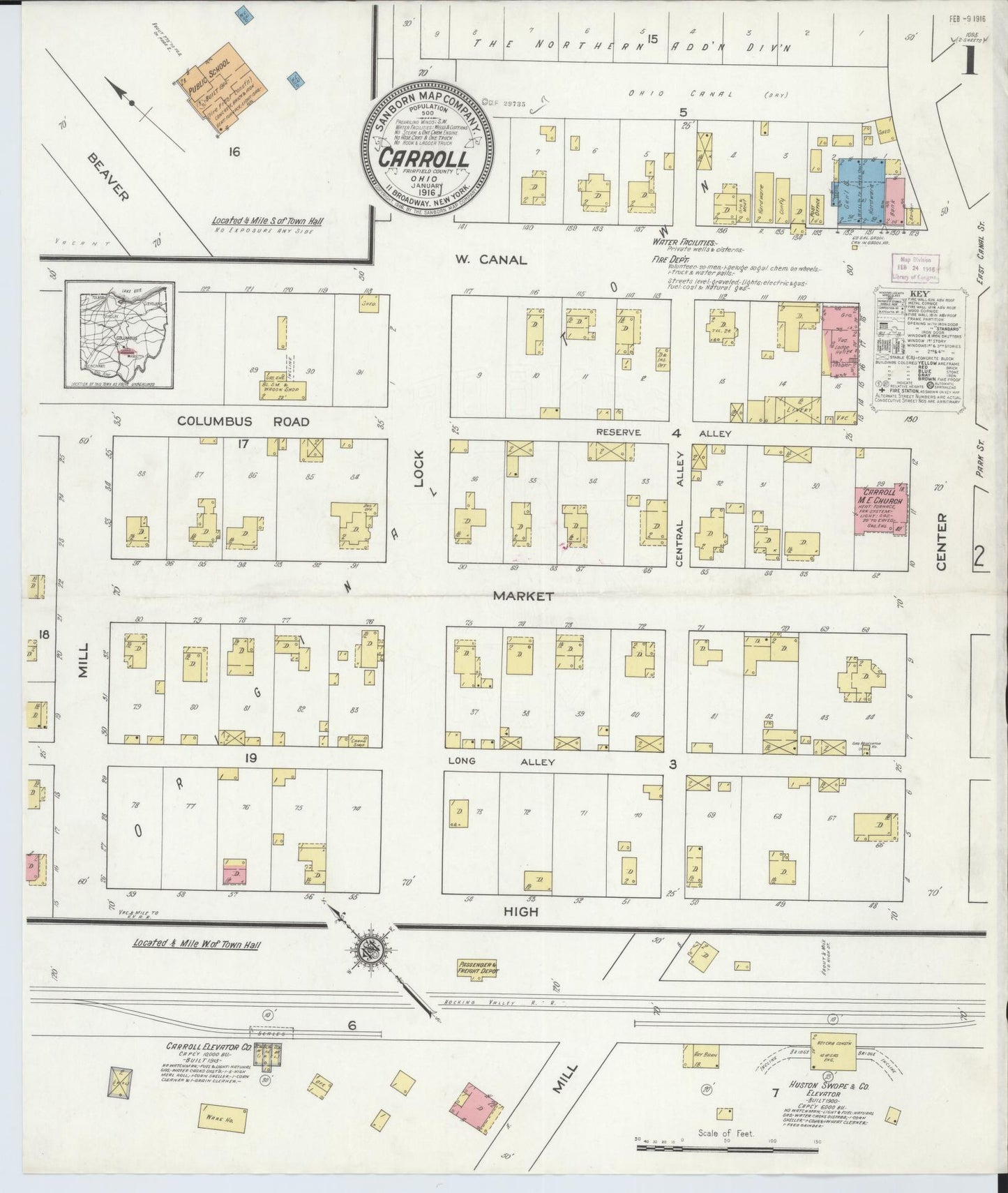 Sanborn Fire Insurance Map from Carroll, Fairfield County, Ohio (1916), Sheet #0001 - Historic Sanborn Fire Insurance Map Print, vintage old map wall art, antique decor, genealogy gift, Ohio Ohio map