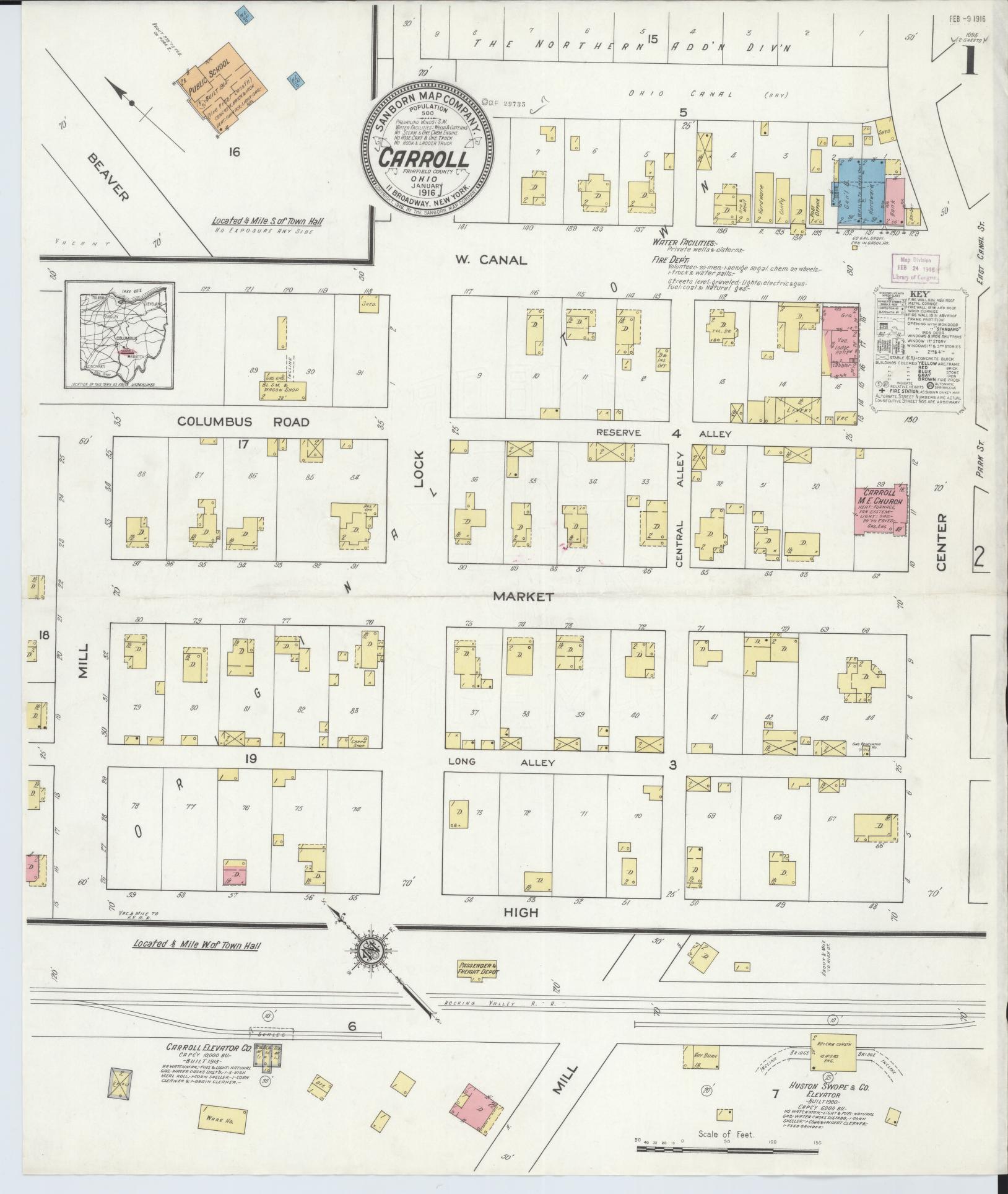 Sanborn Fire Insurance Map from Carroll, Fairfield County, Ohio (1916), Sheet #0001 - Historic Sanborn Fire Insurance Map Print, vintage old map wall art, antique decor, genealogy gift, Ohio Ohio map