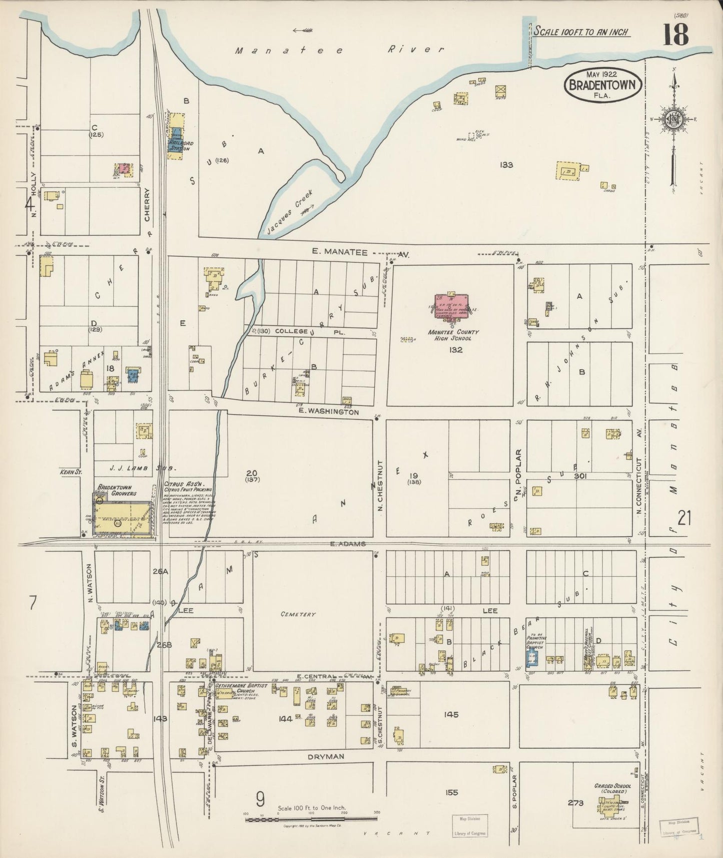 Sanborn Fire Insurance Map from Bradentown, Manatee County, Florida (1922), Sheet #0018 - Historic Sanborn Fire Insurance Map Print, vintage old map wall art, antique decor, genealogy gift, Florida Florida map