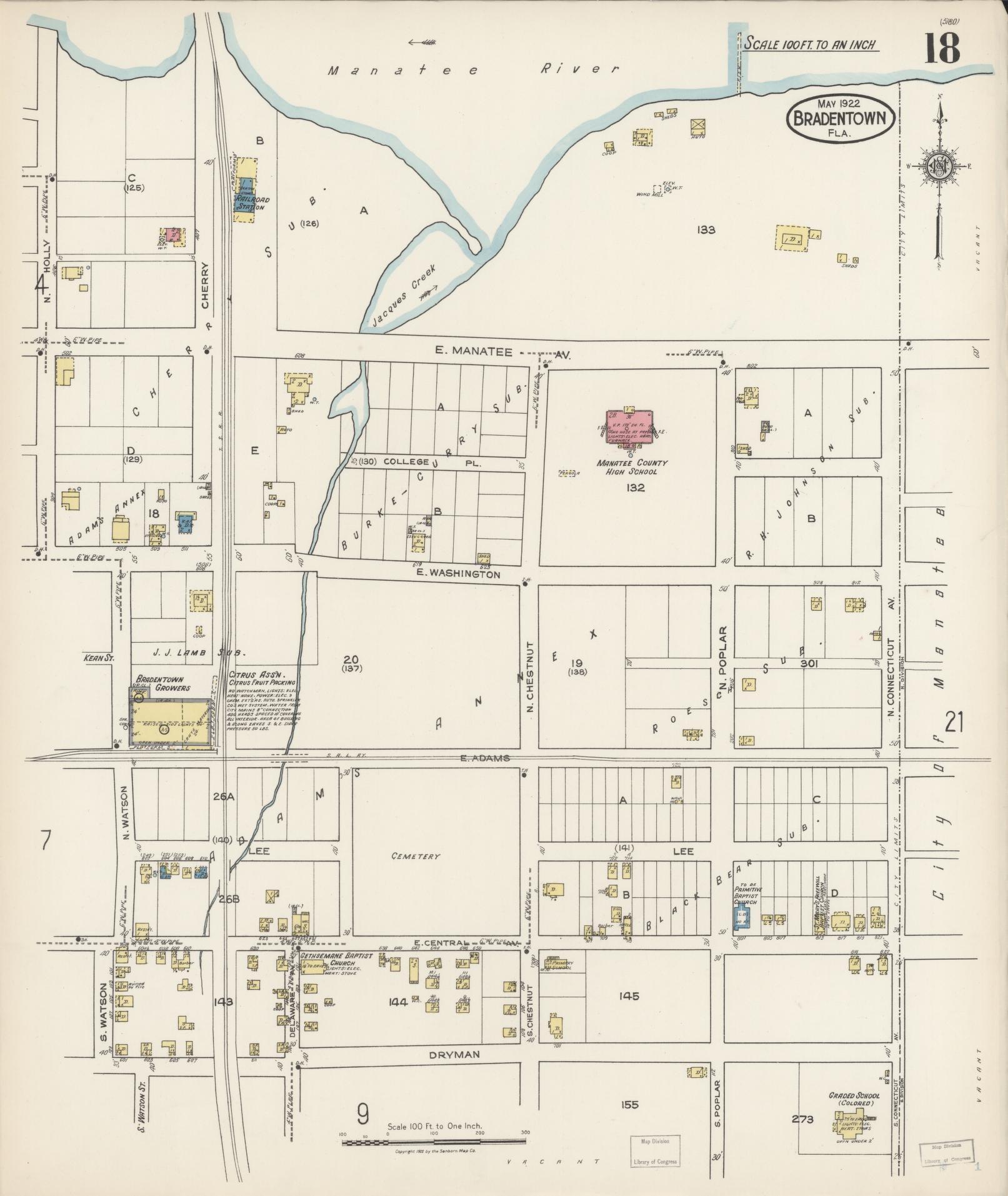 Sanborn Fire Insurance Map from Bradentown, Manatee County, Florida (1922), Sheet #0018 - Historic Sanborn Fire Insurance Map Print, vintage old map wall art, antique decor, genealogy gift, Florida Florida map