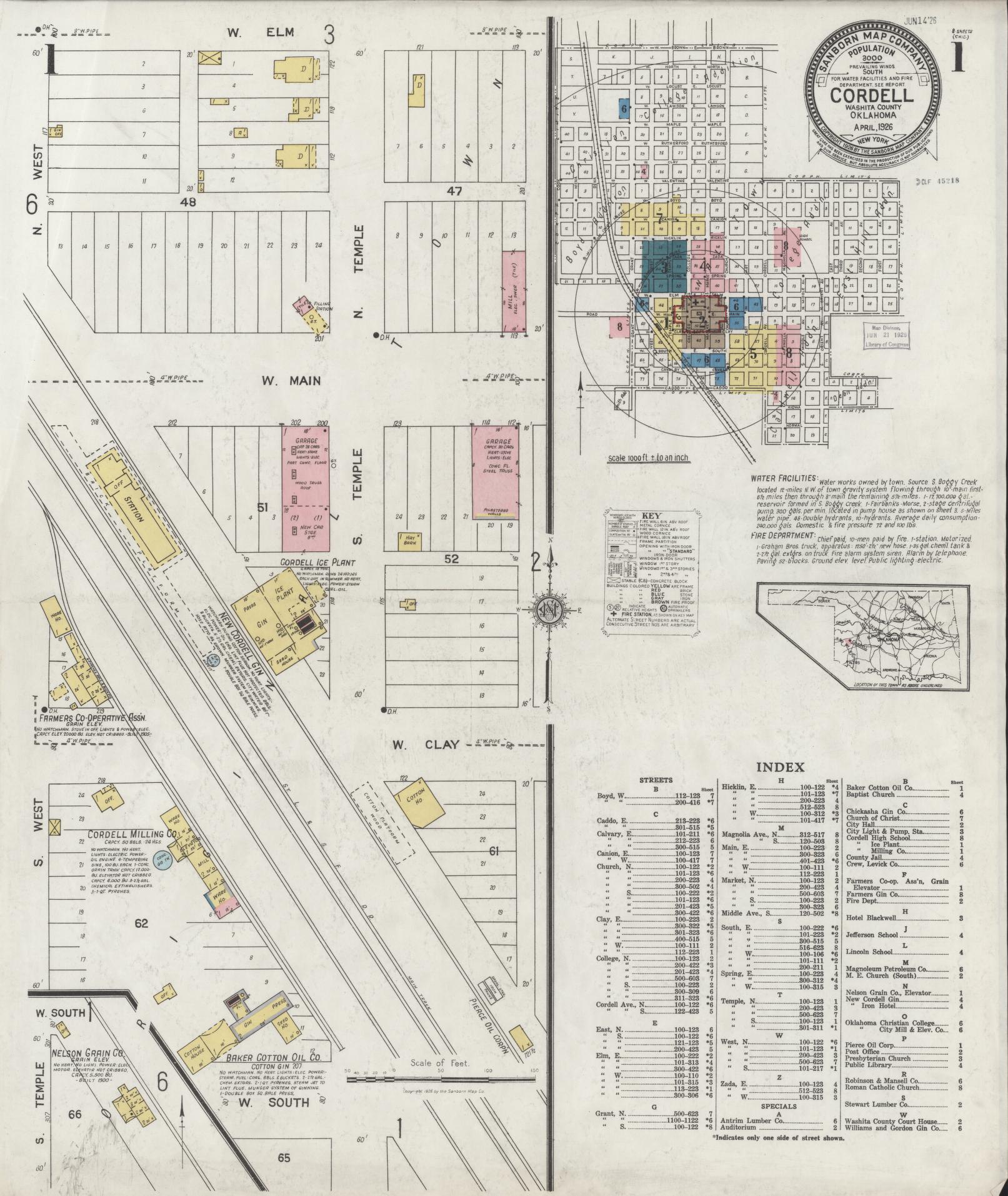 Sanborn Fire Insurance Map from Cordell, Washita County, Oklahoma (1926), Sheet #0001 - Historic Sanborn Fire Insurance Map Print, vintage old map wall art, antique decor, genealogy gift, Oklahoma Oklahoma map