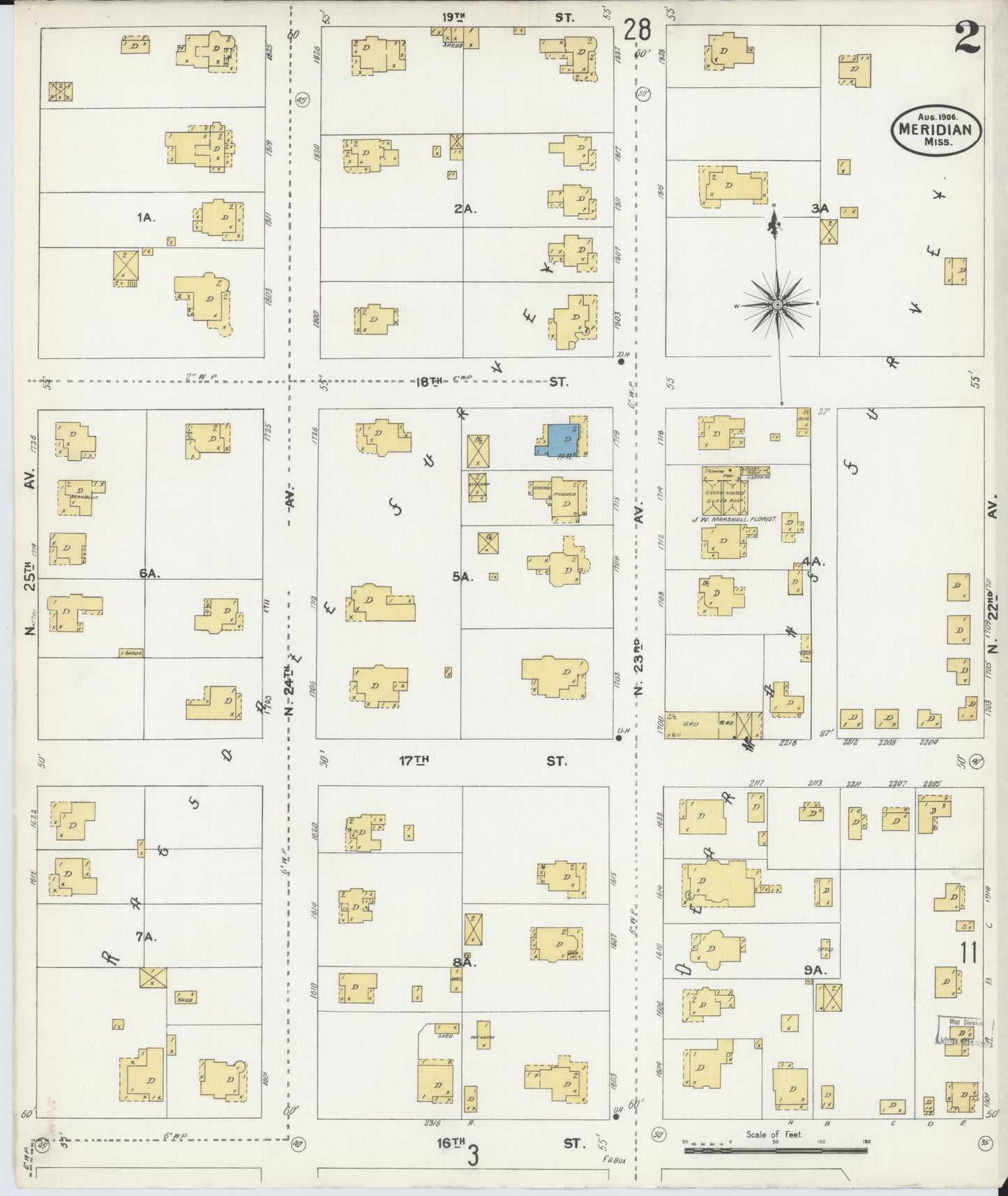 Sanborn Fire Insurance Map from Meridian, Lauderdale County, Mississippi (1906), Sheet #0002 - Historic Sanborn Fire Insurance Map Print, vintage old map wall art, antique decor, genealogy gift, Mississippi Mississippi map