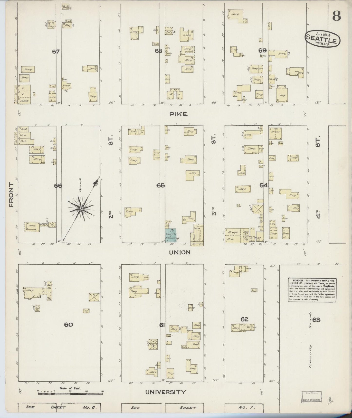 Sanborn Fire Insurance Map from Seattle, King County, Washington (1884), Sheet #0008 - Complete Map Set gallery image, historic Sanborn map, vintage wall art, Washington Washington