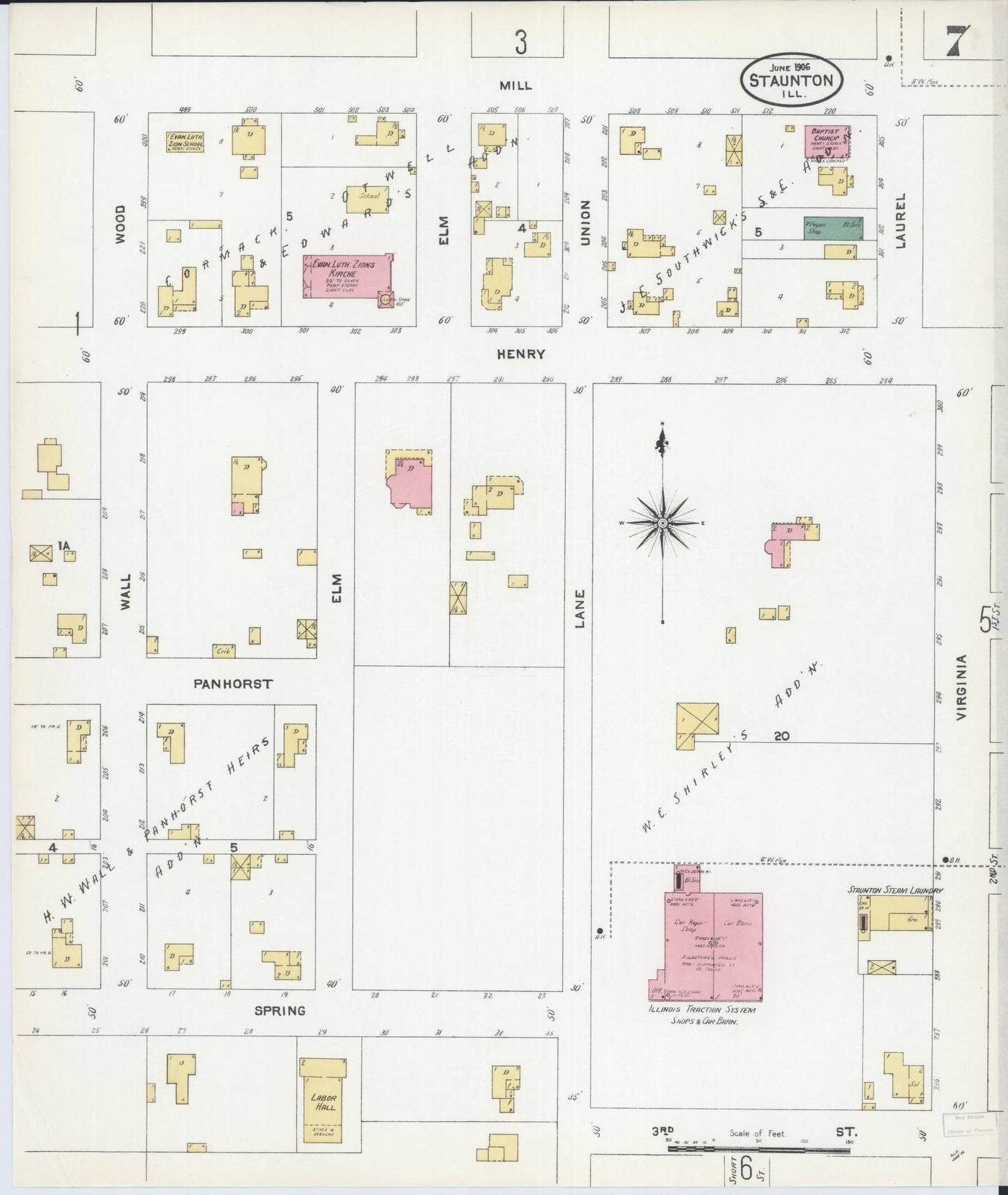 Sanborn Fire Insurance Map from Staunton, Macoupin County, Illinois (1906), Sheet #0007 - Historic Sanborn Fire Insurance Map Print, vintage old map wall art, antique decor, genealogy gift, Illinois Illinois map