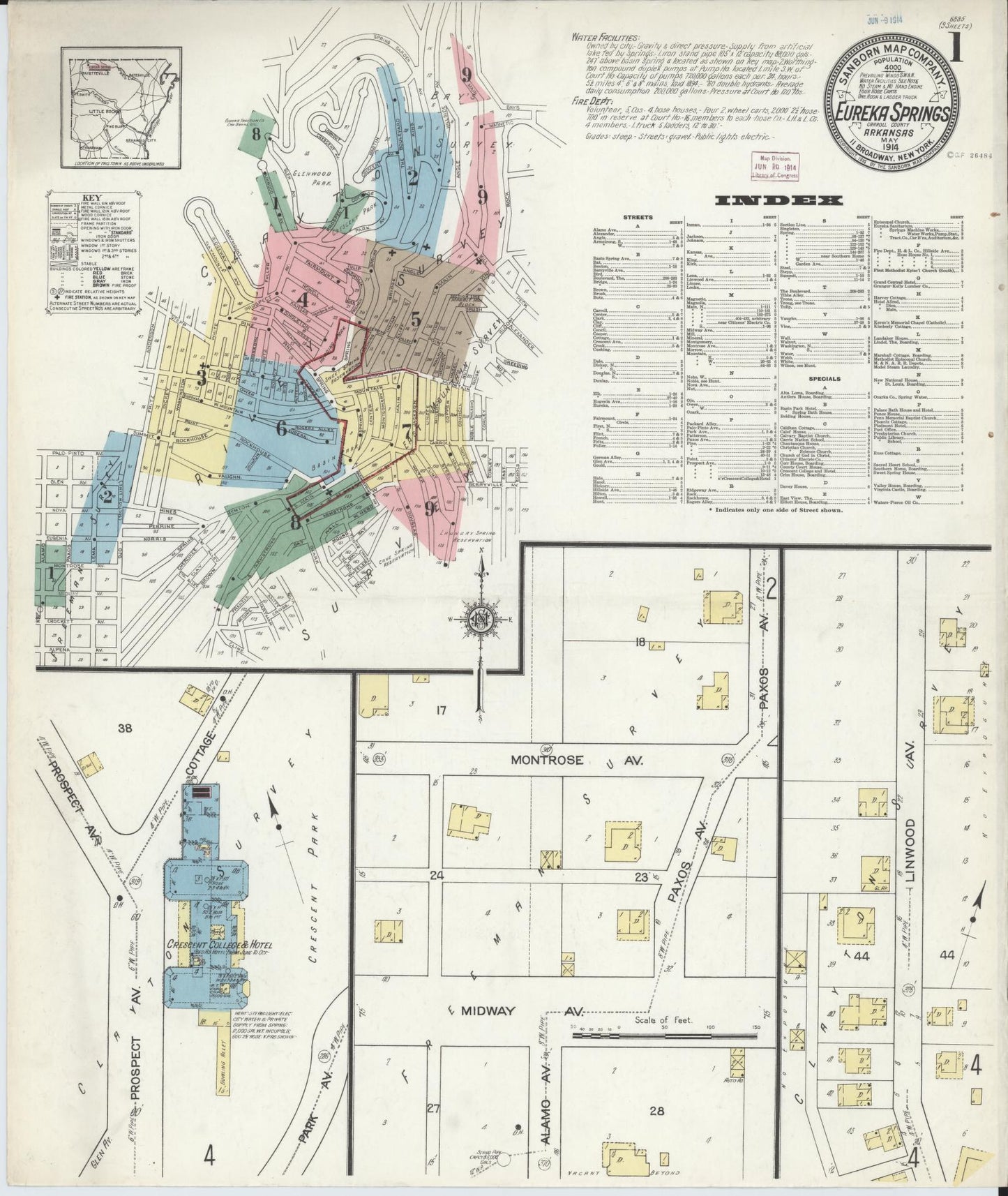 Sanborn Fire Insurance Map from Eureka Springs, Carroll County, Arkansas (1914), Sheet #0001 - Complete Map Set gallery image, historic Sanborn map, vintage wall art, Arkansas Arkansas