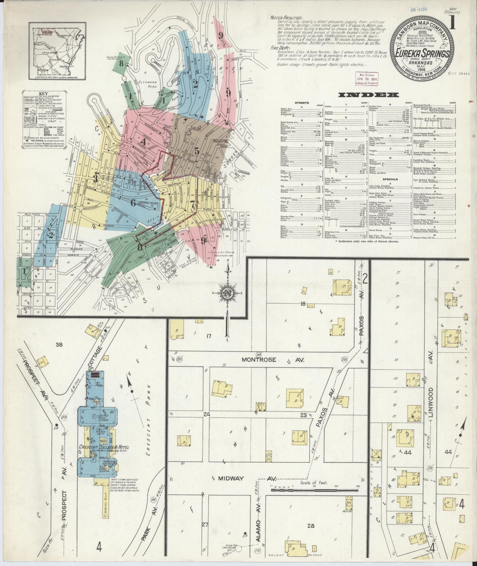 Sanborn Fire Insurance Map from Eureka Springs, Carroll County, Arkansas (1914), Sheet #0001 - Complete Map Set gallery image, historic Sanborn map, vintage wall art, Arkansas Arkansas