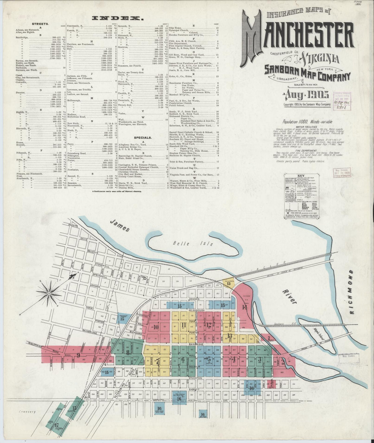Sanborn Fire Insurance Map from Manchester, Chesterfield County, Virginia (1905), Sheet #0001 - Historic Sanborn Fire Insurance Map Print, vintage old map wall art, antique decor, genealogy gift, Virginia Virginia map