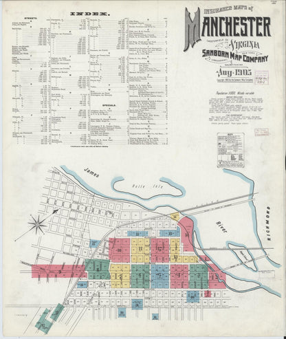 Sanborn Fire Insurance Map from Manchester, Chesterfield County, Virginia (1905), Sheet #0001 - Historic Sanborn Fire Insurance Map Print, vintage old map wall art, antique decor, genealogy gift, Virginia Virginia map