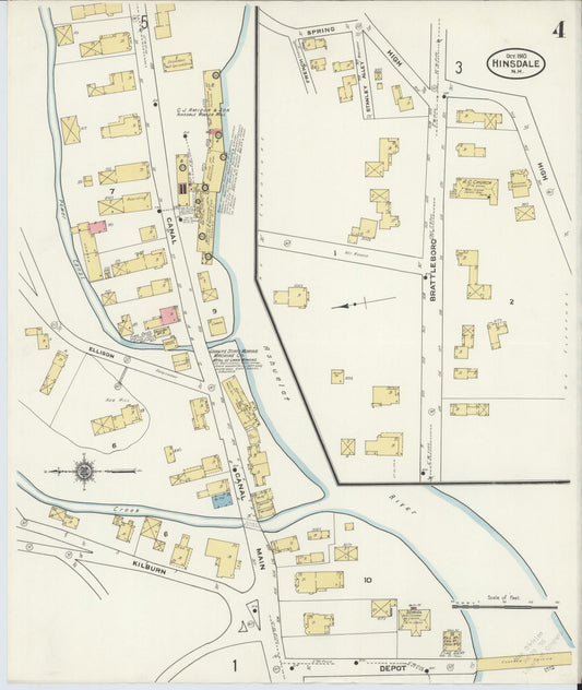 Sanborn Fire Insurance Map from Hinsdale, Cheshire County, New Hampshire (1910), Sheet #0004 - Historic Sanborn Fire Insurance Map Print, vintage old map wall art, antique decor, genealogy gift, New Hampshire New Hampshire map