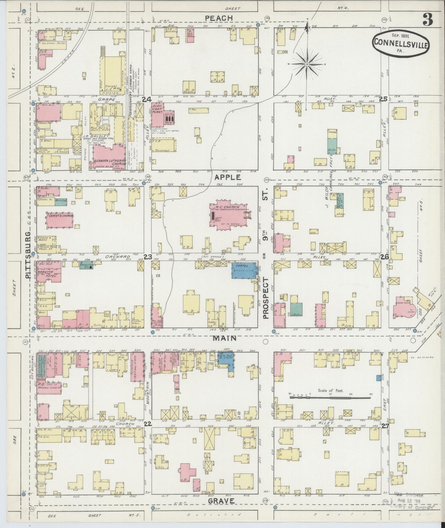Sanborn Fire Insurance Map from Connellsville, Fayette County, Pennsylvania (1891), Sheet #0003 - Historic Sanborn Fire Insurance Map Print, vintage old map wall art, antique decor, genealogy gift, Pennsylvania Pennsylvania map