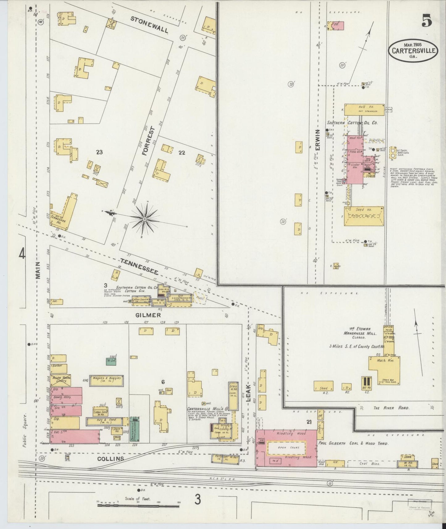 Sanborn Fire Insurance Map from Cartersville, Bartow County, Georgia (1905), Sheet #0005 - Historic Sanborn Fire Insurance Map Print, vintage old map wall art, antique decor, genealogy gift, Georgia Georgia map