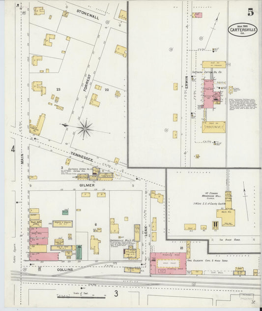 Sanborn Fire Insurance Map from Cartersville, Bartow County, Georgia (1905), Sheet #0005 - Historic Sanborn Fire Insurance Map Print, vintage old map wall art, antique decor, genealogy gift, Georgia Georgia map