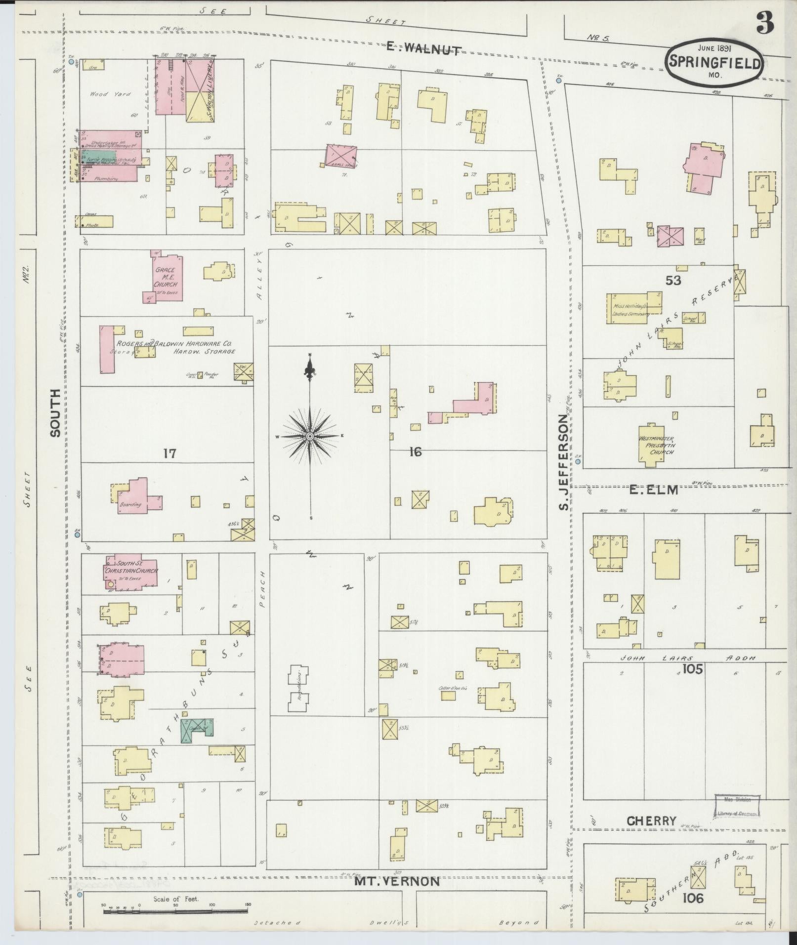 Sanborn Fire Insurance Map from Springfield, Greene County, Missouri (1891), Sheet #0003 - Historic Sanborn Fire Insurance Map Print, vintage old map wall art, antique decor, genealogy gift, Missouri Missouri map