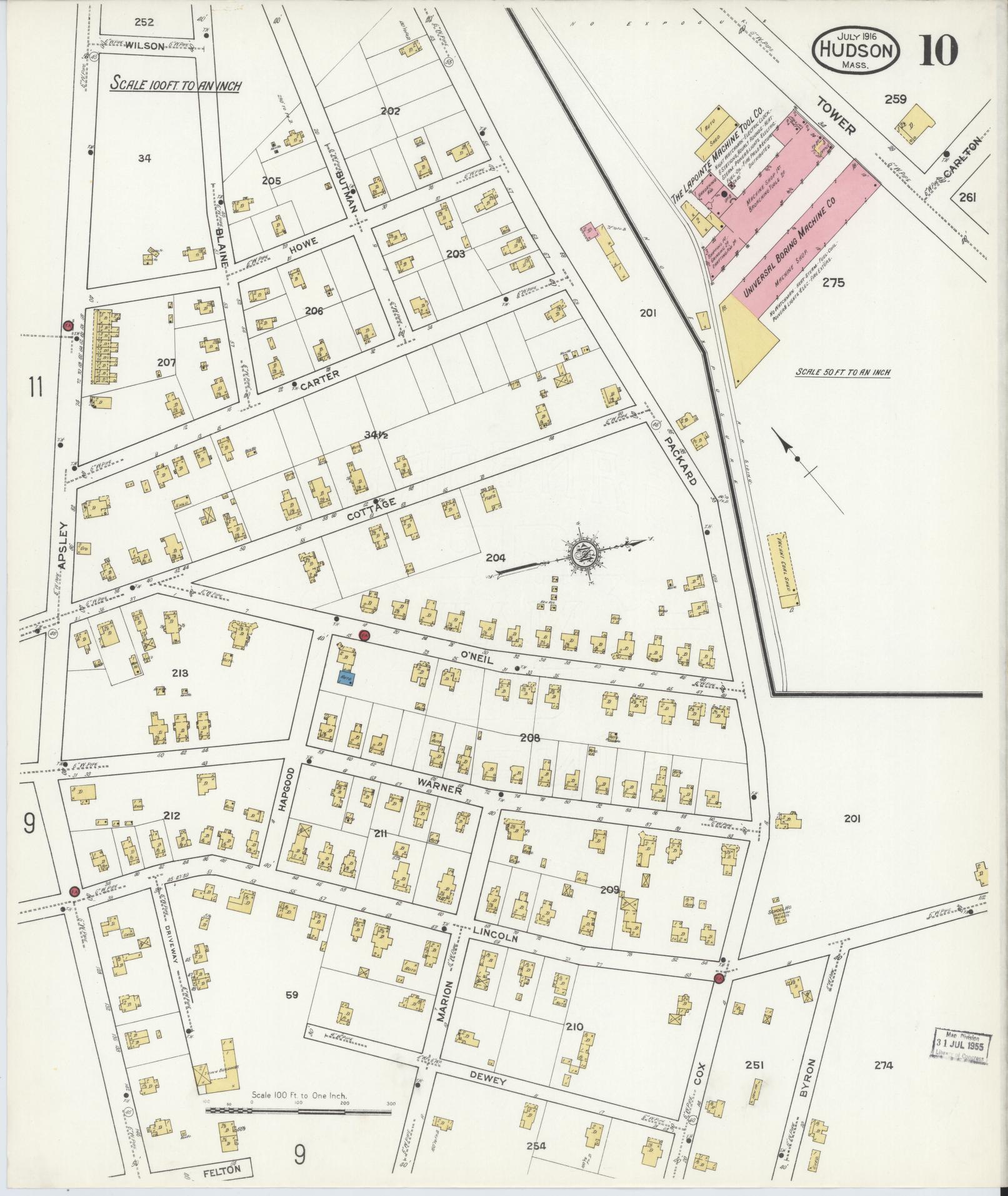 Sanborn Fire Insurance Map from Hudson, Middlesex County, Massachusetts (1916), Sheet #0010 - Historic Sanborn Fire Insurance Map Print, vintage old map wall art, antique decor, genealogy gift, Massachusetts Massachusetts map