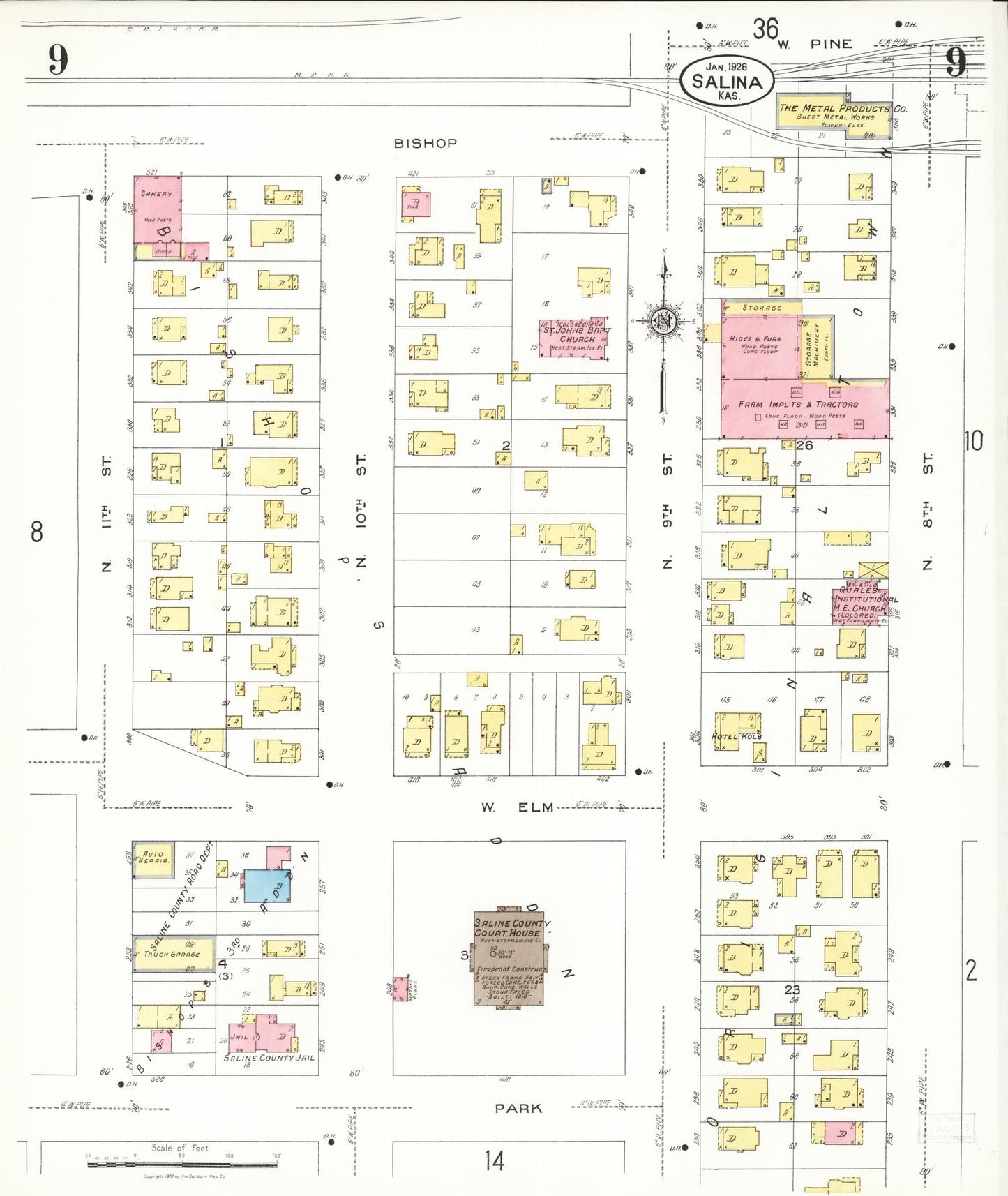 Sanborn Fire Insurance Map from Salina, Saline County, Kansas (1926), Sheet #0009 - Historic Sanborn Fire Insurance Map Print, vintage old map wall art, antique decor, genealogy gift, Kansas Kansas map