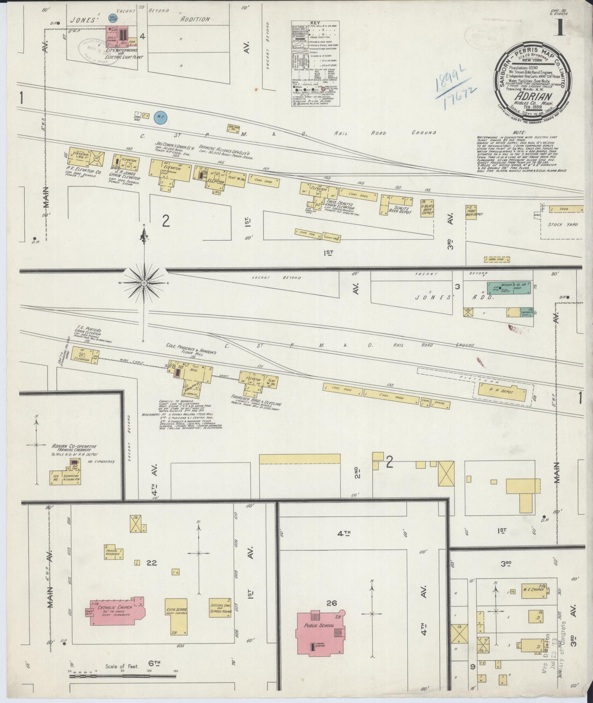 Sanborn Fire Insurance Map from Adrian, Nobles County, Minnesota (1899), Sheet #0001 - Complete Map Set gallery image, historic Sanborn map, vintage wall art, Minnesota Minnesota