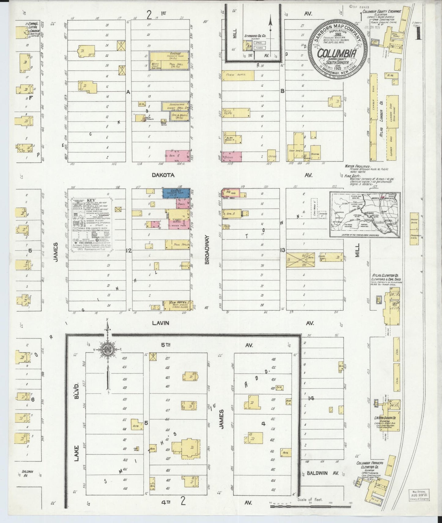 Sanborn Fire Insurance Map from Columbia, Brown County, South Dakota (1921), Sheet #0001 - Complete Map Set gallery image, historic Sanborn map, vintage wall art, South Dakota South Dakota