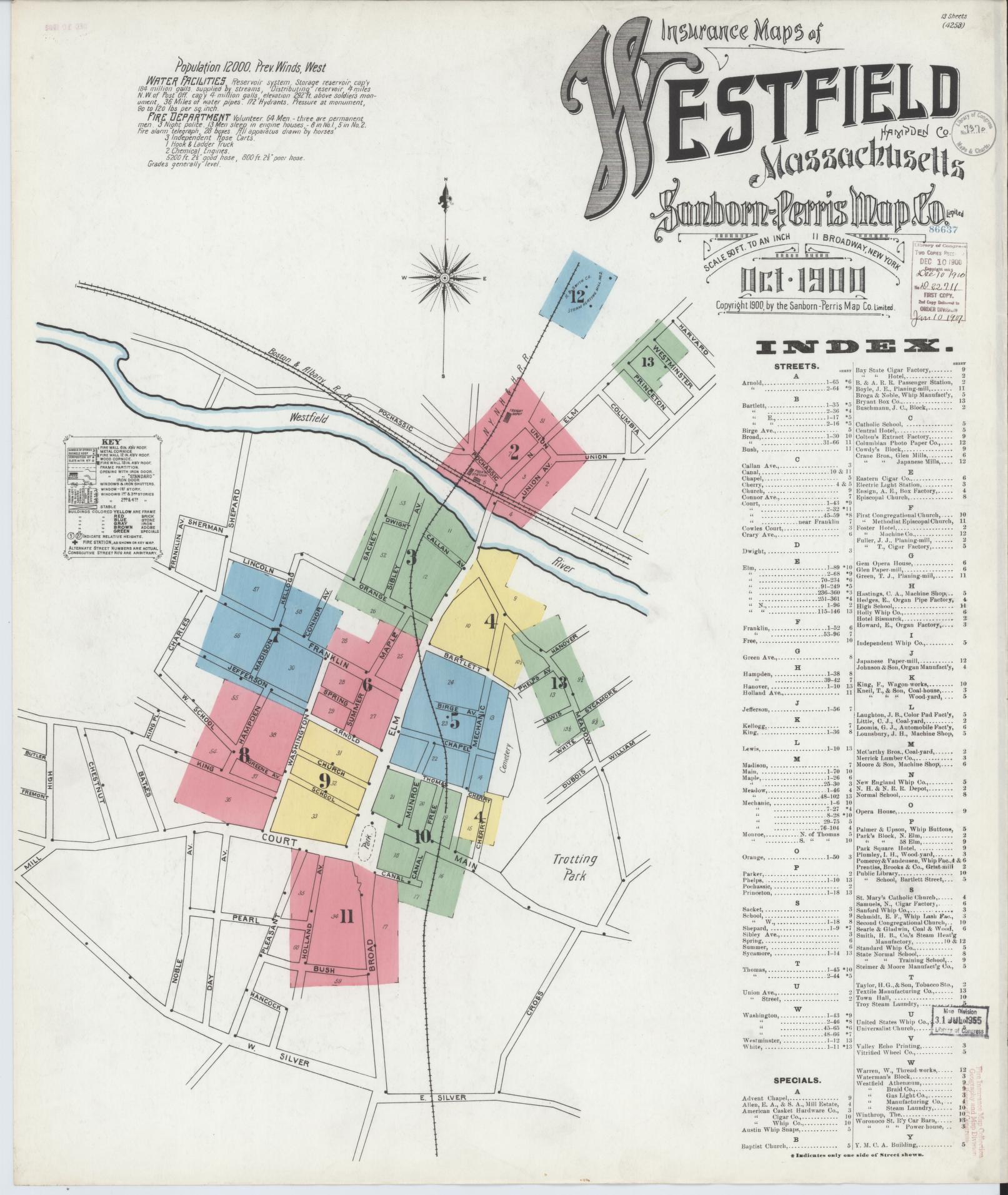 Sanborn Fire Insurance Map from Westfield, Hampden County, Massachusetts (1900), Sheet #0001 - Historic Sanborn Fire Insurance Map Print, vintage old map wall art, antique decor, genealogy gift, Massachusetts Massachusetts map