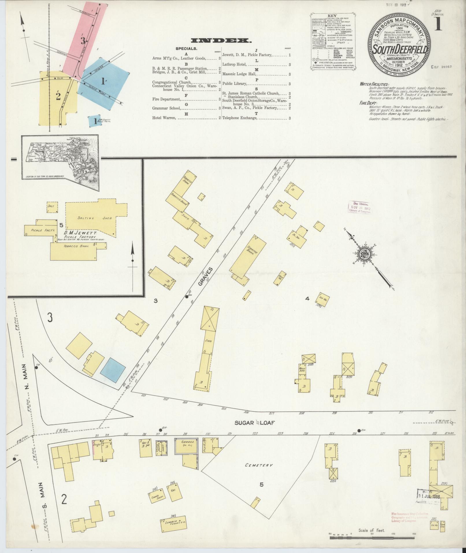 Sanborn Fire Insurance Map from South Deerfield, Franklin County, Massachusetts (1912), Sheet #0001 - Historic Sanborn Fire Insurance Map Print, vintage old map wall art, antique decor, genealogy gift, Massachusetts Massachusetts map