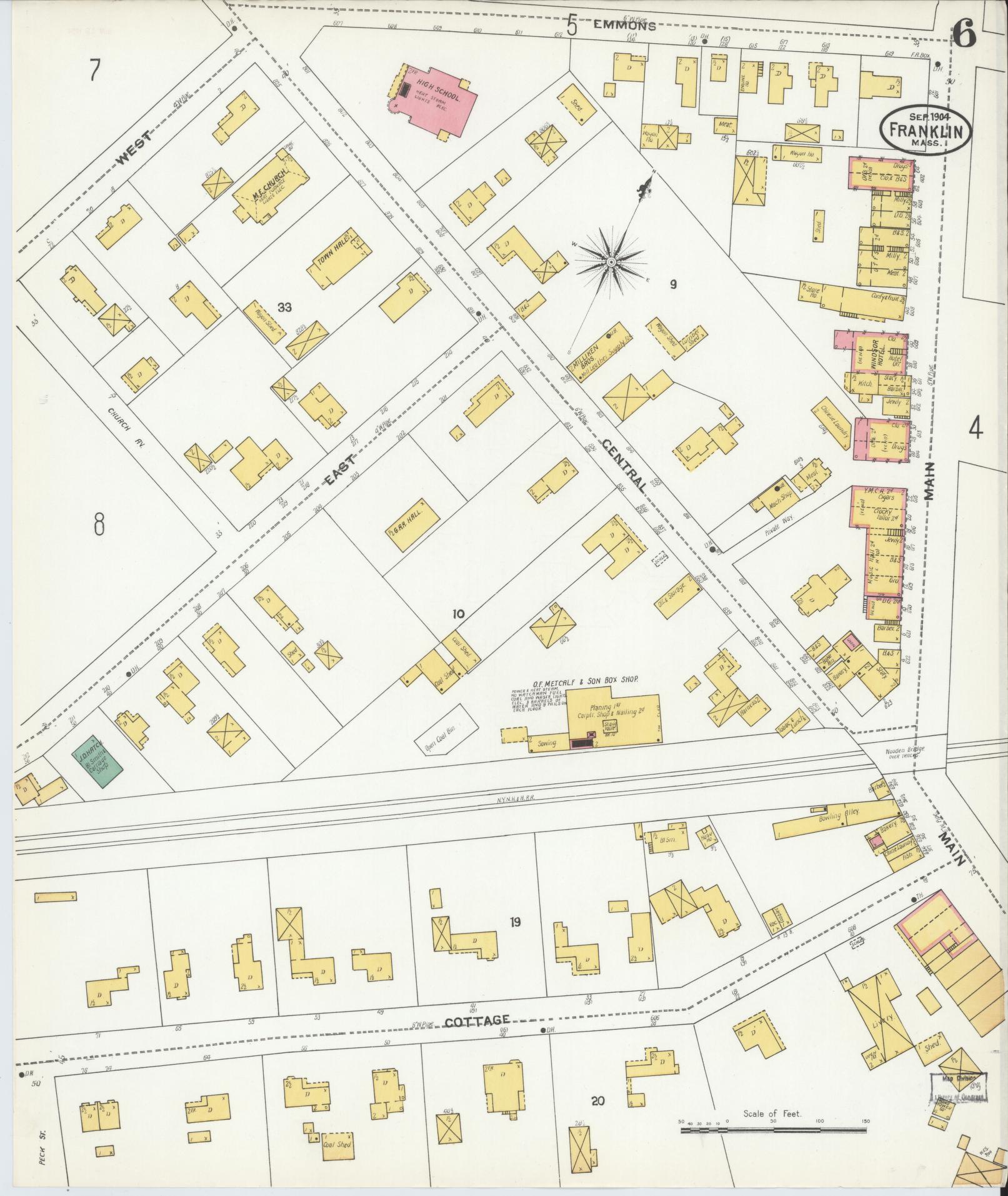 Sanborn Fire Insurance Map from Franklin, Norfolk County, Massachusetts (1904), Sheet #0006 - Historic Sanborn Fire Insurance Map Print, vintage old map wall art, antique decor, genealogy gift, Massachusetts Massachusetts map