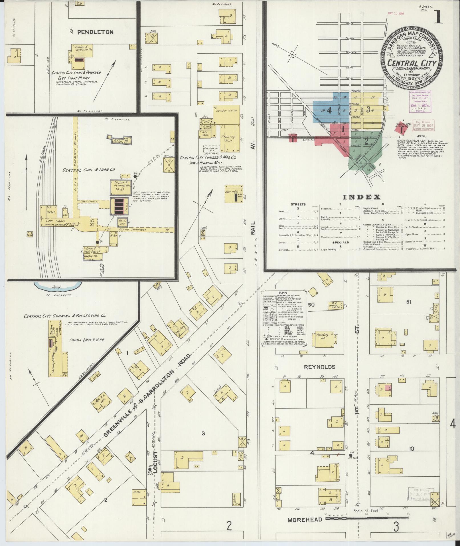Sanborn Fire Insurance Map from Central City, Mublenberg County, Kentucky (1907), Sheet #0001 - Historic Sanborn Fire Insurance Map Print, vintage old map wall art, antique decor, genealogy gift, Kentucky Kentucky map