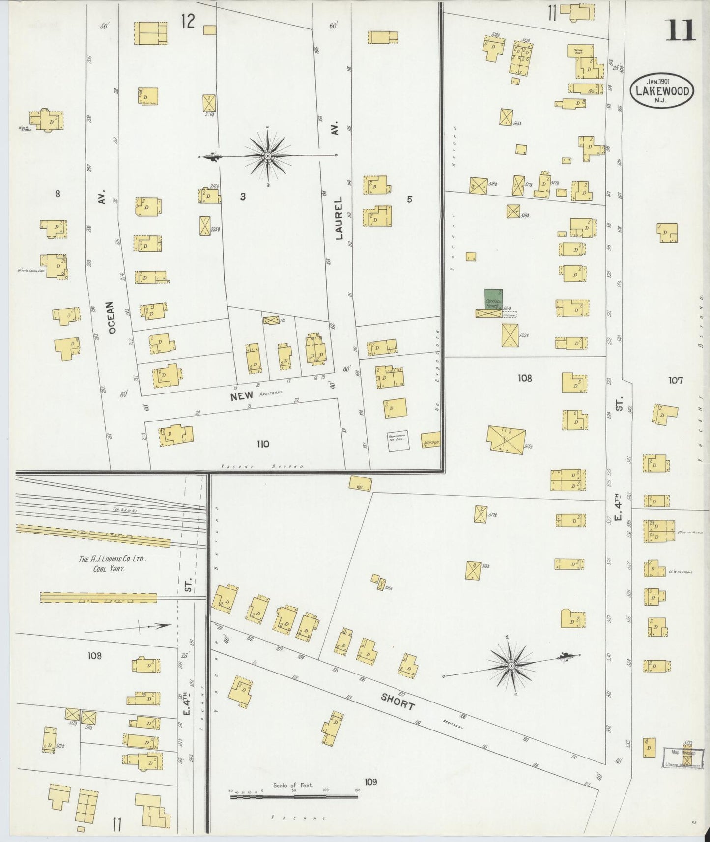 Sanborn Fire Insurance Map from Lakewood, Ocean County, New Jersey (1901), Sheet #0011 - Historic Sanborn Fire Insurance Map Print, vintage old map wall art, antique decor, genealogy gift, New Jersey New Jersey map