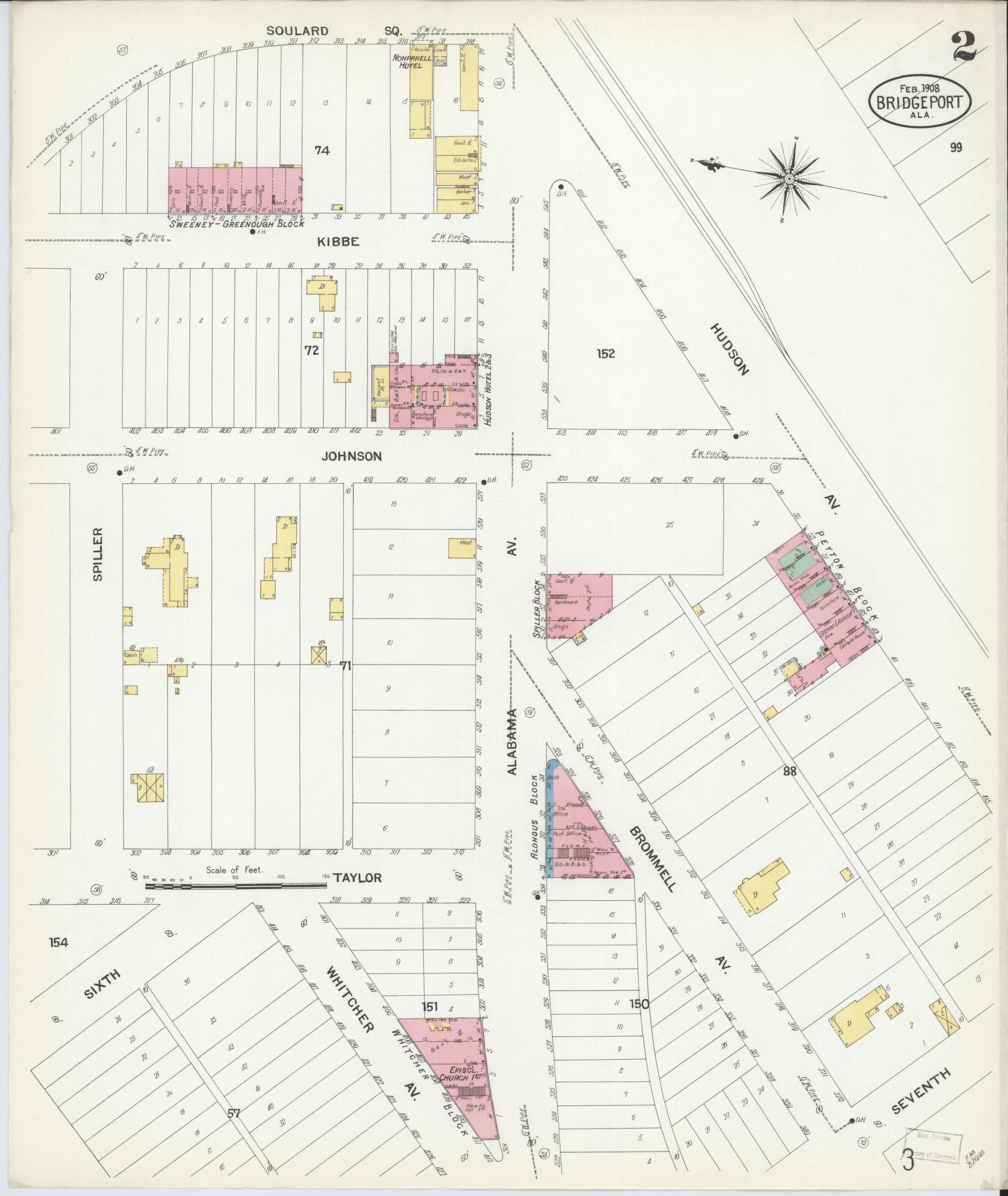 Sanborn Fire Insurance Map from Bridgeport, Jackson County, Alabama (1908), Sheet #0002 - Complete Map Set gallery image, historic Sanborn map, vintage wall art, Alabama Alabama