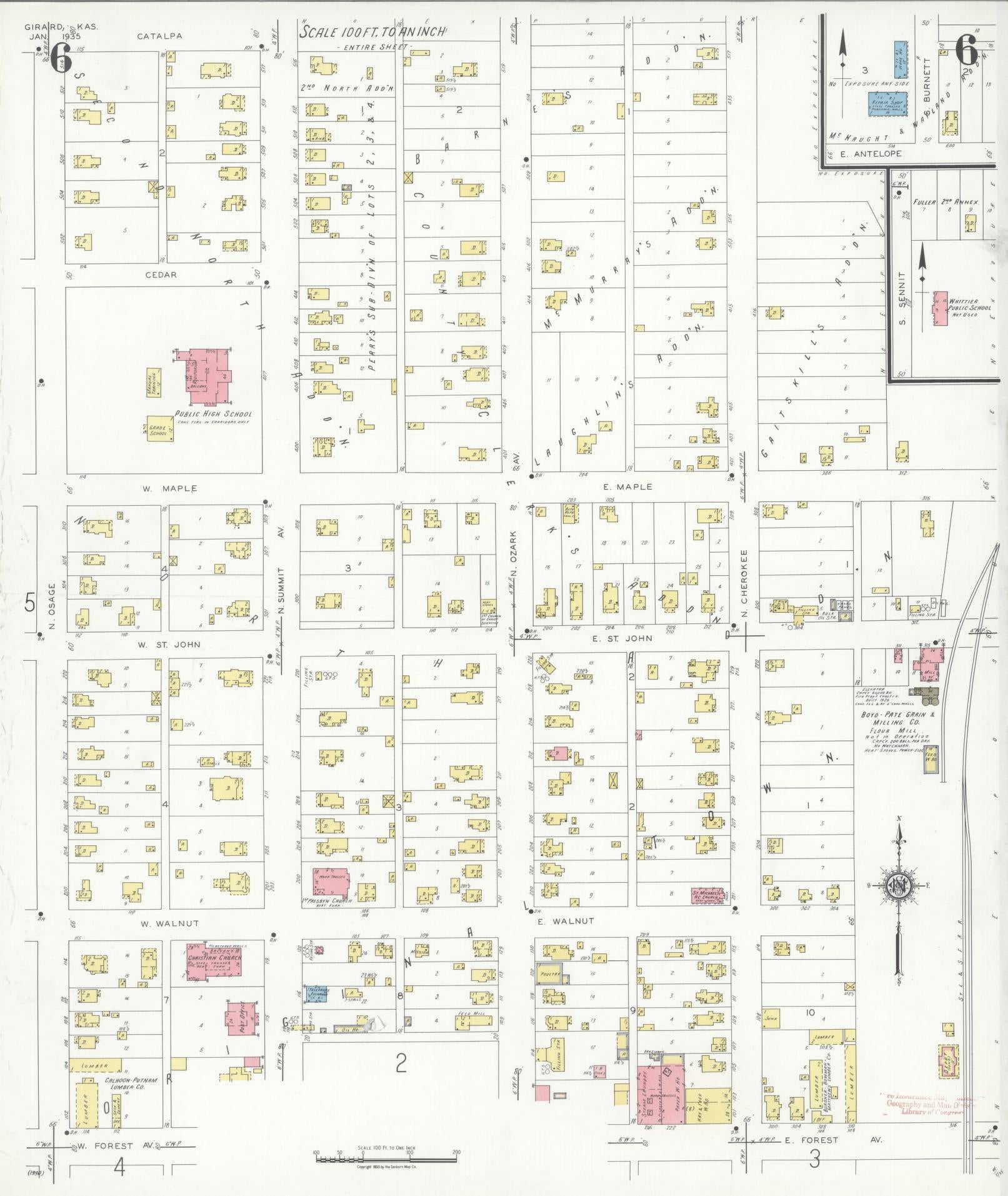 Sanborn Fire Insurance Map from Girard, Crawford County, Kansas (1935), Sheet #0006 - Historic Sanborn Fire Insurance Map Print, vintage old map wall art, antique decor, genealogy gift, Kansas Kansas map