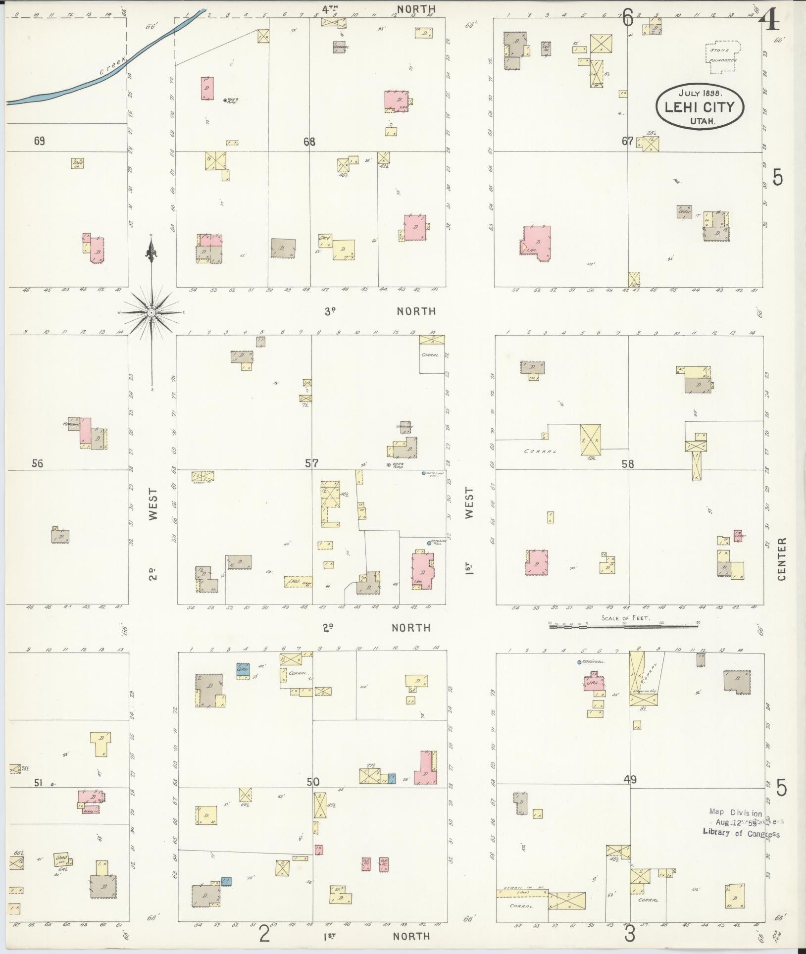 Sanborn Fire Insurance Map from Lehi, Utah County, Utah (1898), Sheet #0004 - Historic Sanborn Fire Insurance Map Print, vintage old map wall art, antique decor, genealogy gift, Lehi Utah map
