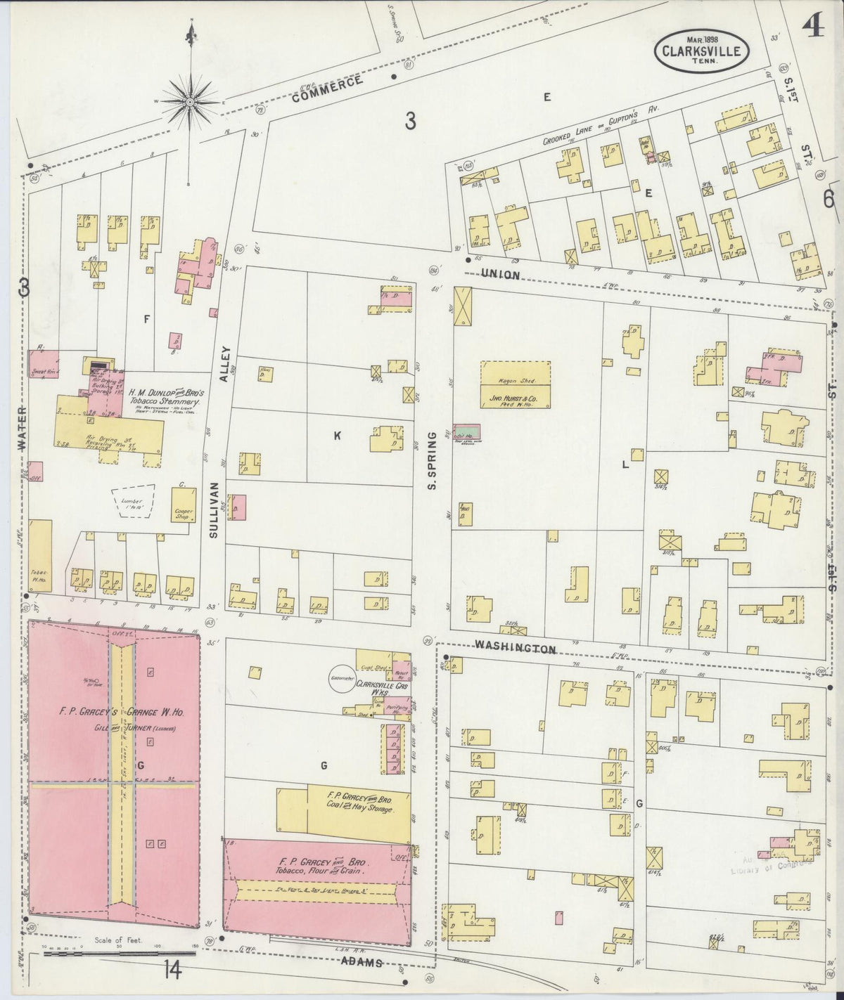 Sanborn Fire Insurance Map from Clarksville, Montgomery County, Tennessee (1898), Sheet #0004 - Historic Sanborn Fire Insurance Map Print, vintage old map wall art, antique decor, genealogy gift, Tennessee Tennessee map