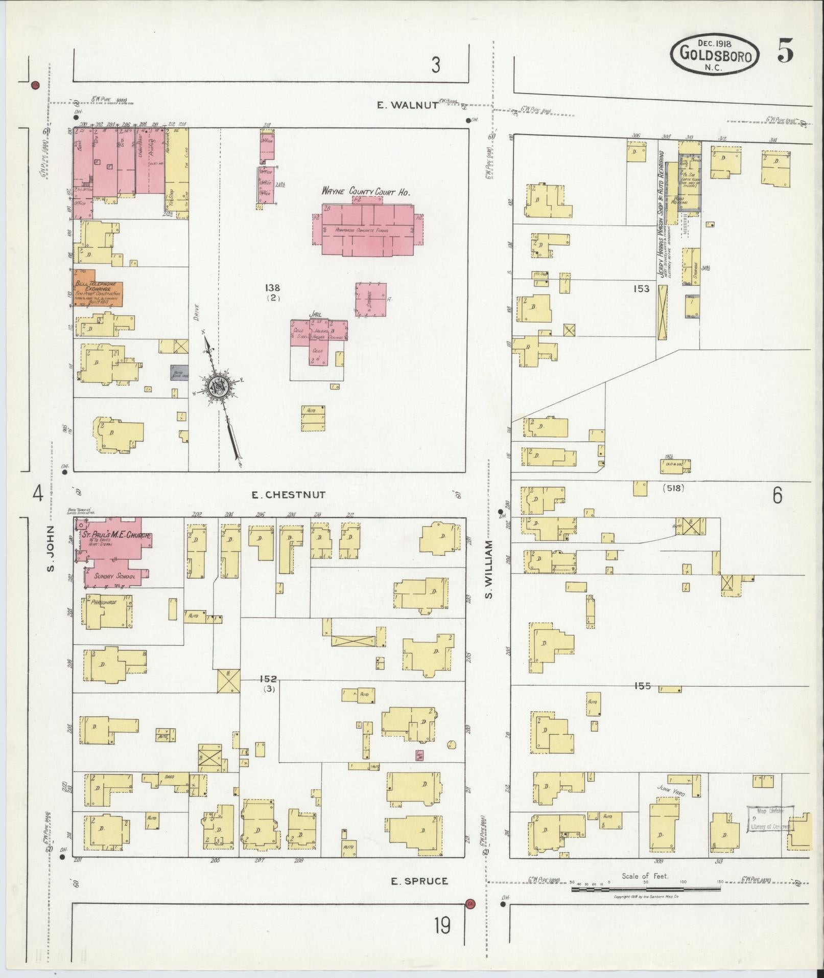 Sanborn Fire Insurance Map from Goldsboro, Wayne County, North Carolina (1918), Sheet #0005 - Complete Map Set gallery image, historic Sanborn map, vintage wall art, North Carolina North Carolina