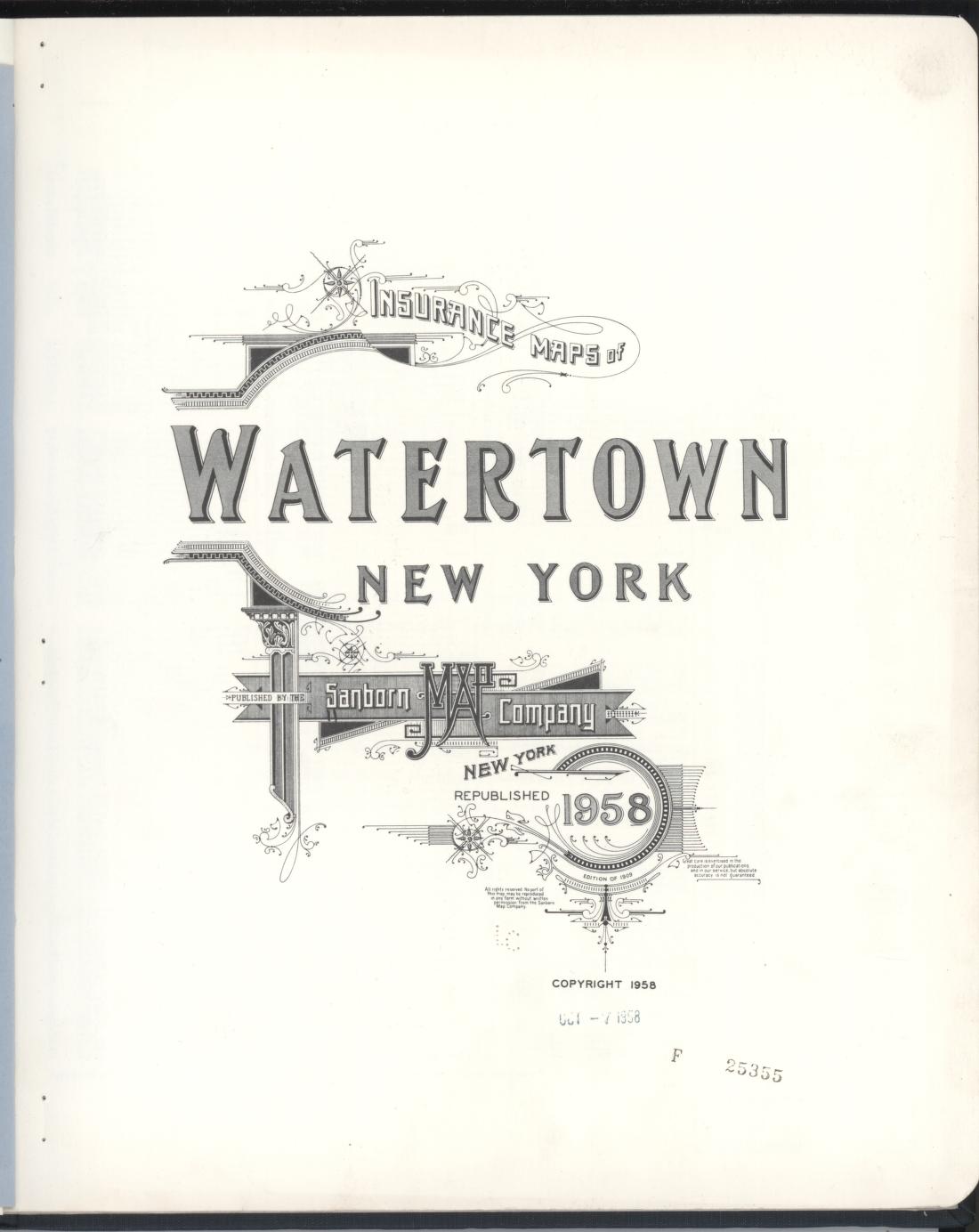 Sanborn Fire Insurance Map from Watertown, Jefferson County, New York (1958), Sheet #0001 - Historic Sanborn Fire Insurance Map Print, vintage old map wall art, antique decor, genealogy gift, New York New York map