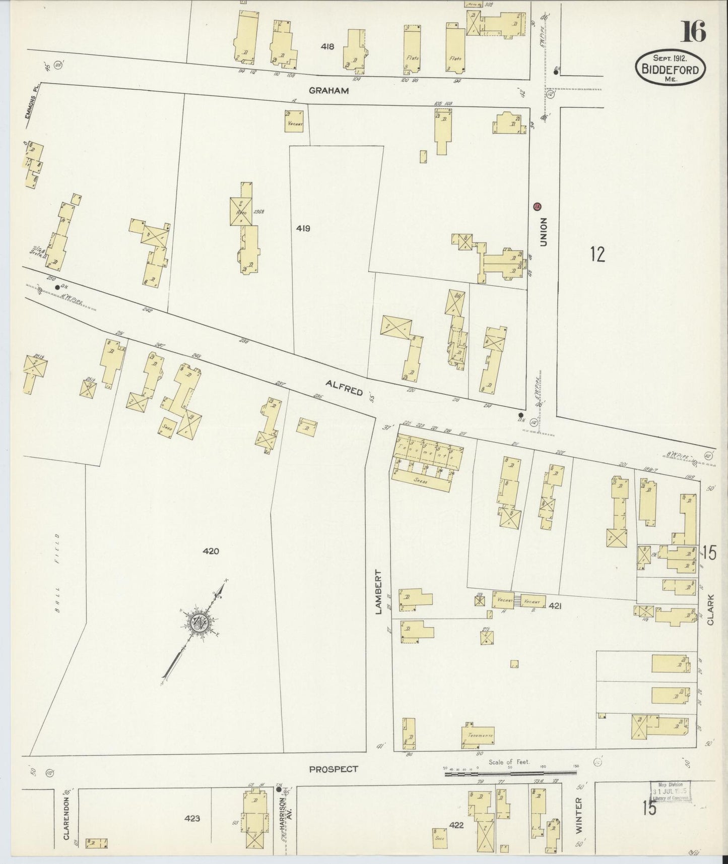 Sanborn Fire Insurance Map from Biddeford, York County, Maine (1912), Sheet #0016 - Complete Map Set gallery image, historic Sanborn map, vintage wall art, Maine Maine