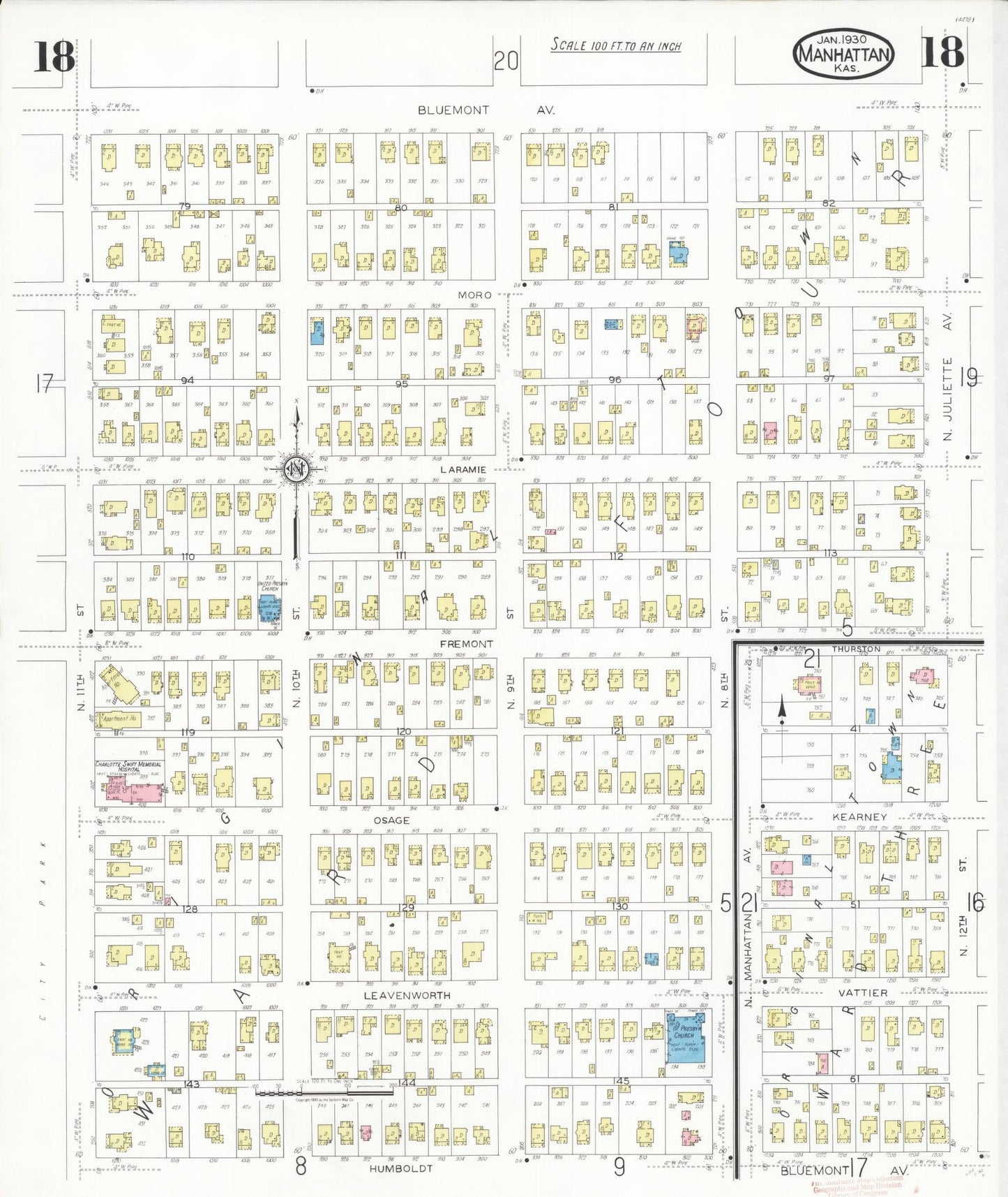 Sanborn Fire Insurance Map from Manhattan, Riley County, Kansas (1930), Sheet #0018 - Complete Map Set gallery image, historic Sanborn map, vintage wall art, Kansas Kansas