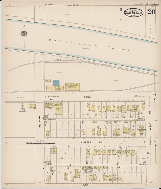 Sanborn Fire Insurance Map from Sault Sainte Marie, Chippewa County, Michigan (1922), Sheet #0020 - Historic Sanborn Fire Insurance Map Print, vintage old map wall art, antique decor, genealogy gift, Michigan Michigan map