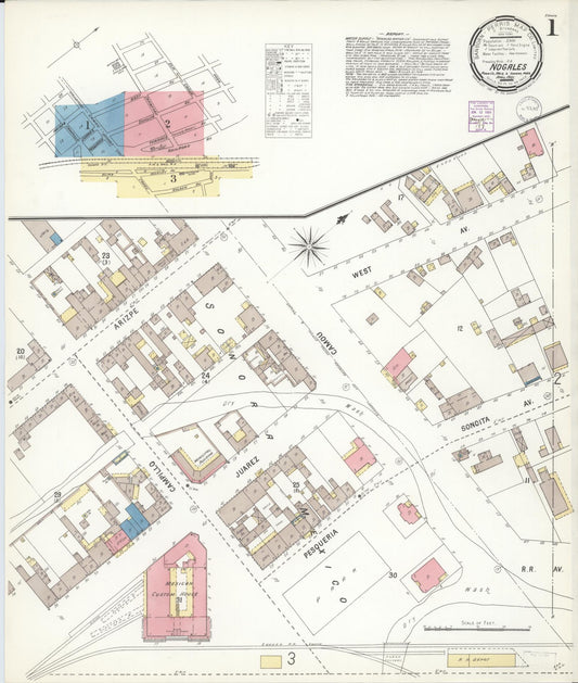 Sanborn Fire Insurance Map from Nogales, Santa Cruz County, Arizona (1901), Sheet #0001 - Complete Map Set gallery image, historic Sanborn map, vintage wall art, Arizona Arizona