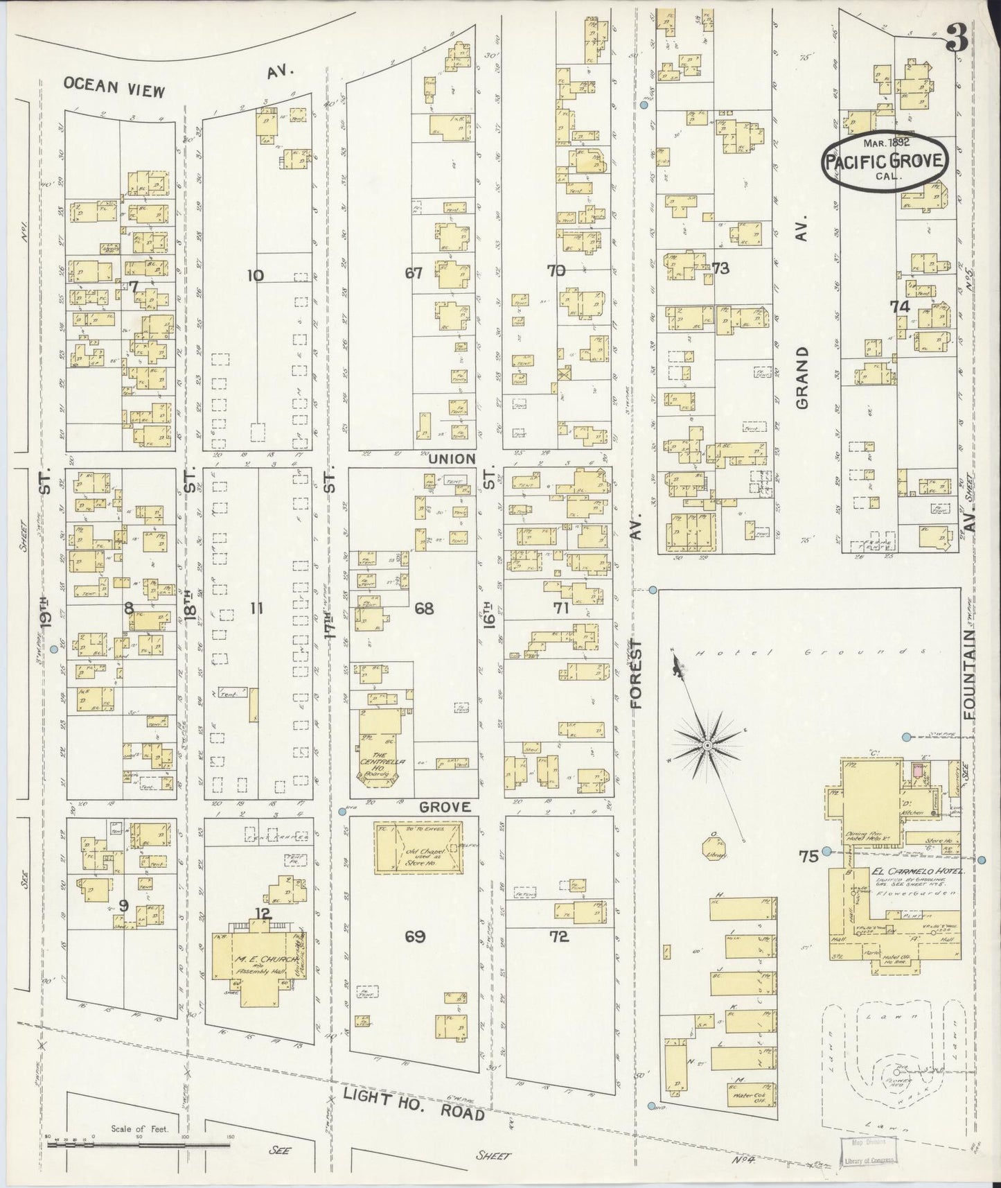 Sanborn Fire Insurance Map from Pacific Grove, Monterey County, California (1892), Sheet #0003 - Complete Map Set gallery image, historic Sanborn map, vintage wall art, California California
