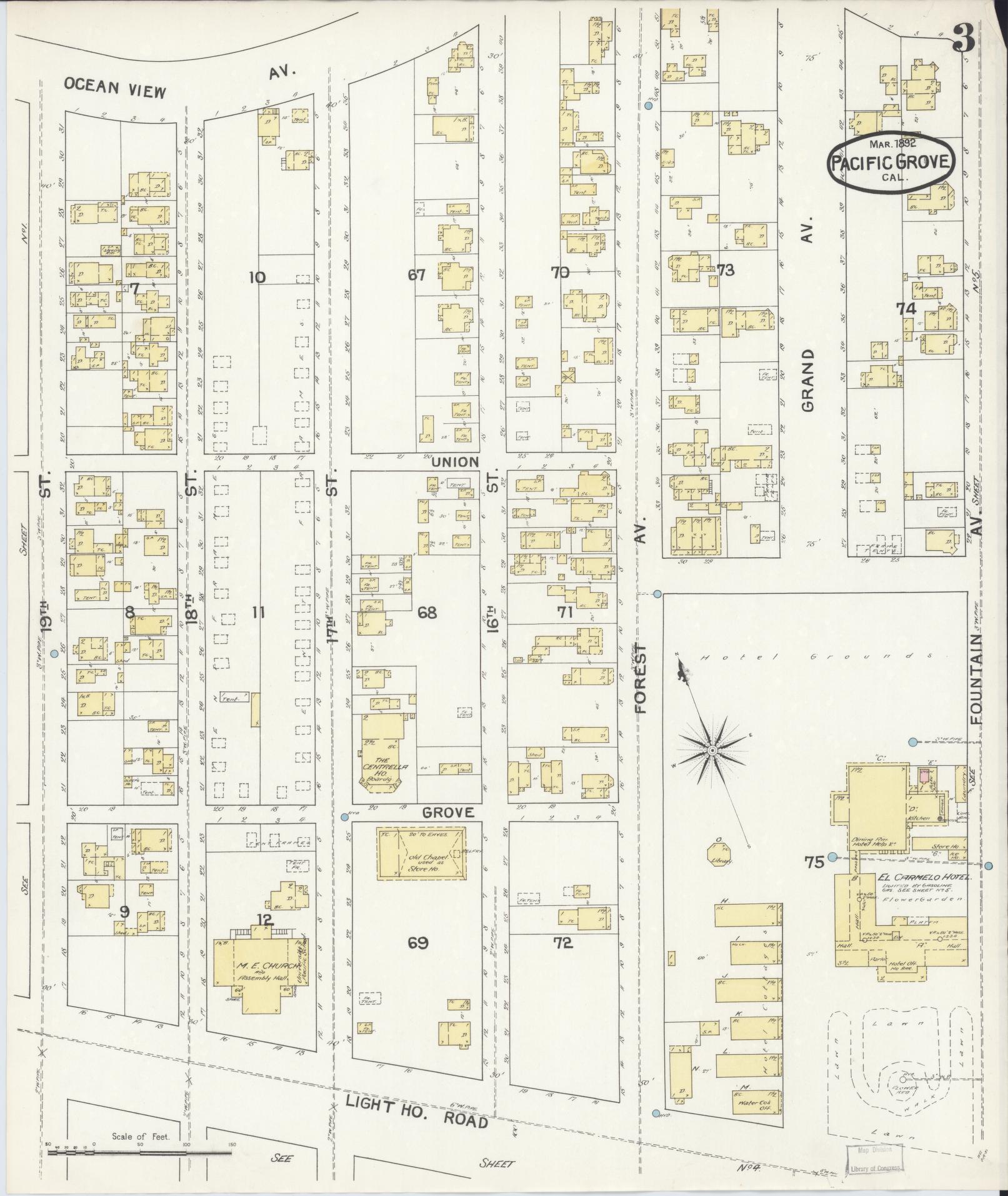 Sanborn Fire Insurance Map from Pacific Grove, Monterey County, California (1892), Sheet #0003 - Complete Map Set gallery image, historic Sanborn map, vintage wall art, California California