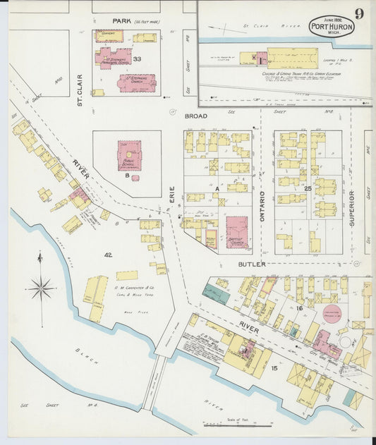 Sanborn Fire Insurance Map from Port Huron, Saint Clair County, Michigan (1892), Sheet #0009 - Historic Sanborn Fire Insurance Map Print, vintage old map wall art, antique decor, genealogy gift, Michigan Michigan map