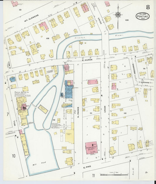 Sanborn Fire Insurance Map from Pontiac, Oakland County, Michigan (1909), Sheet #0008 - Historic Sanborn Fire Insurance Map Print, vintage old map wall art, antique decor, genealogy gift, Michigan Michigan map