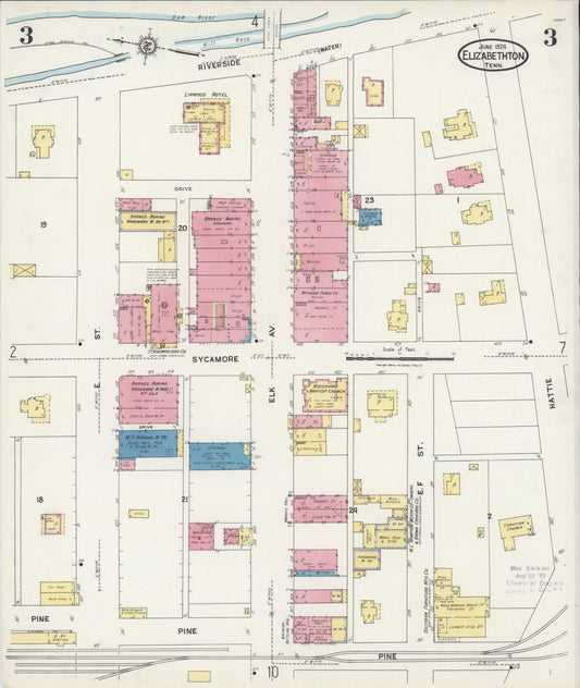 Sanborn Fire Insurance Map from Elizabethton, Carter County, Tennessee (1924), Sheet #0003 - Historic Sanborn Fire Insurance Map Print, vintage old map wall art, antique decor, genealogy gift, Tennessee Tennessee map