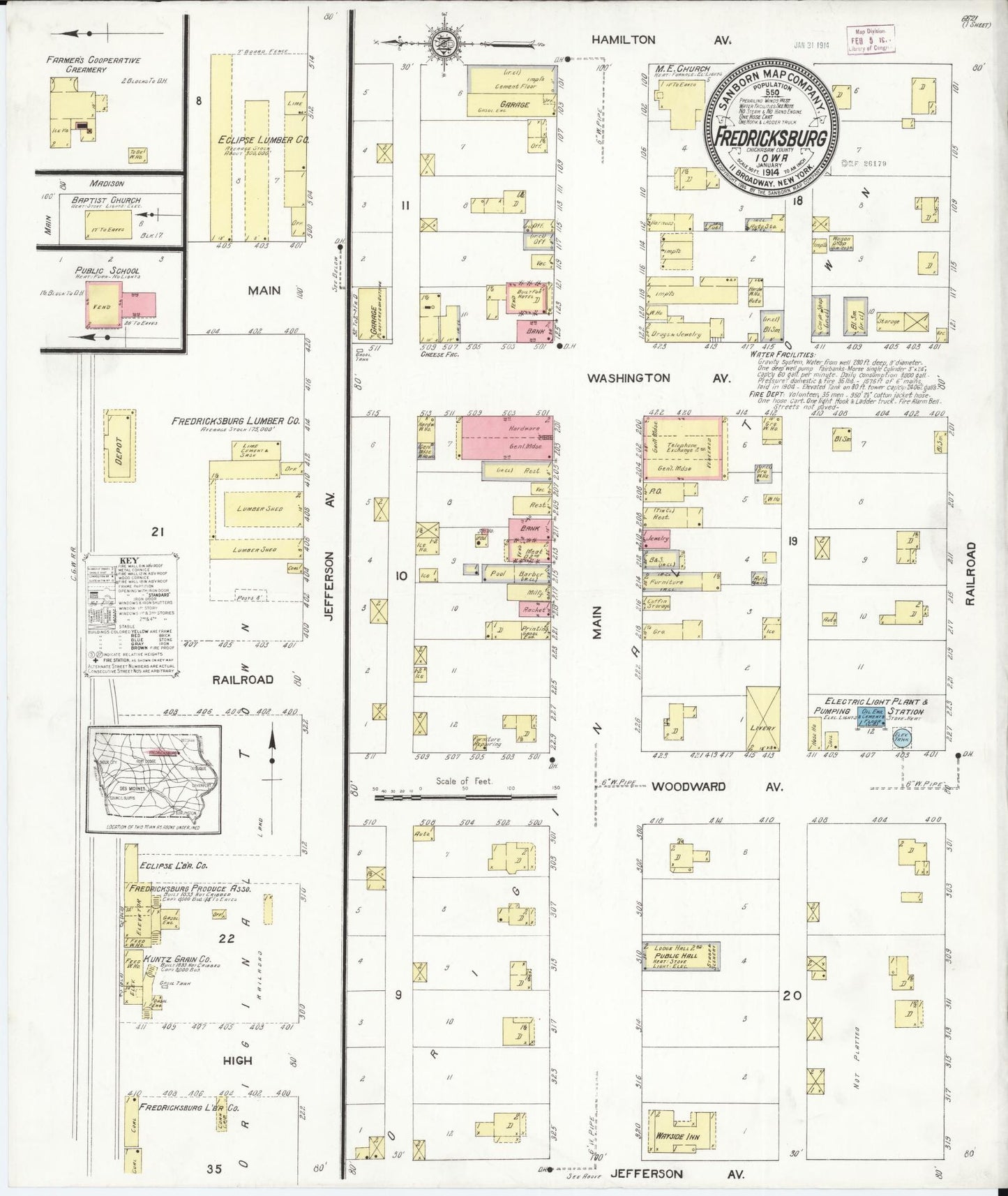 Sanborn Fire Insurance Map from Fredericksburg, Chickasaw County, Iowa (1914), Sheet #0001 - Historic Sanborn Fire Insurance Map Print, vintage old map wall art