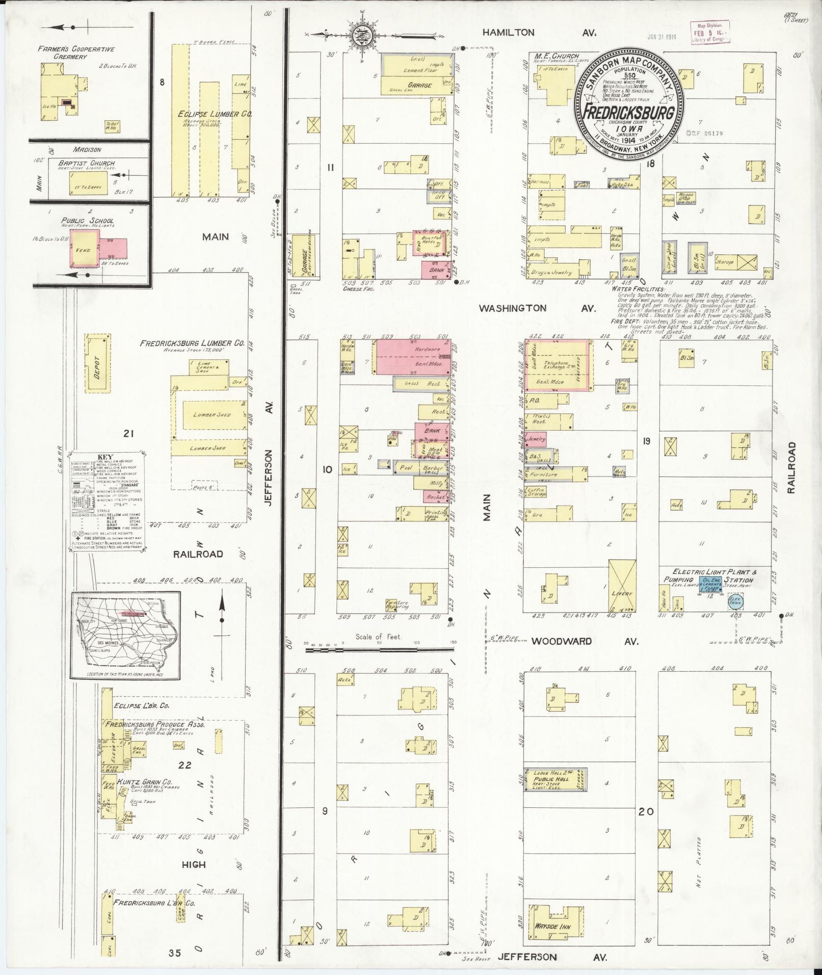 Sanborn Fire Insurance Map from Fredericksburg, Chickasaw County, Iowa (1914), Sheet #0001 - Historic Sanborn Fire Insurance Map Print, vintage old map wall art