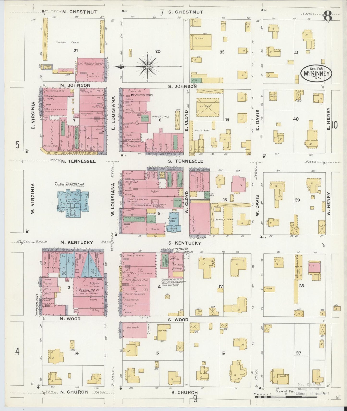 Sanborn Fire Insurance Map from McKinney, Collin County, Texas (1908), Sheet #0008 - Complete Map Set gallery image, historic Sanborn map, vintage wall art, Texas Texas