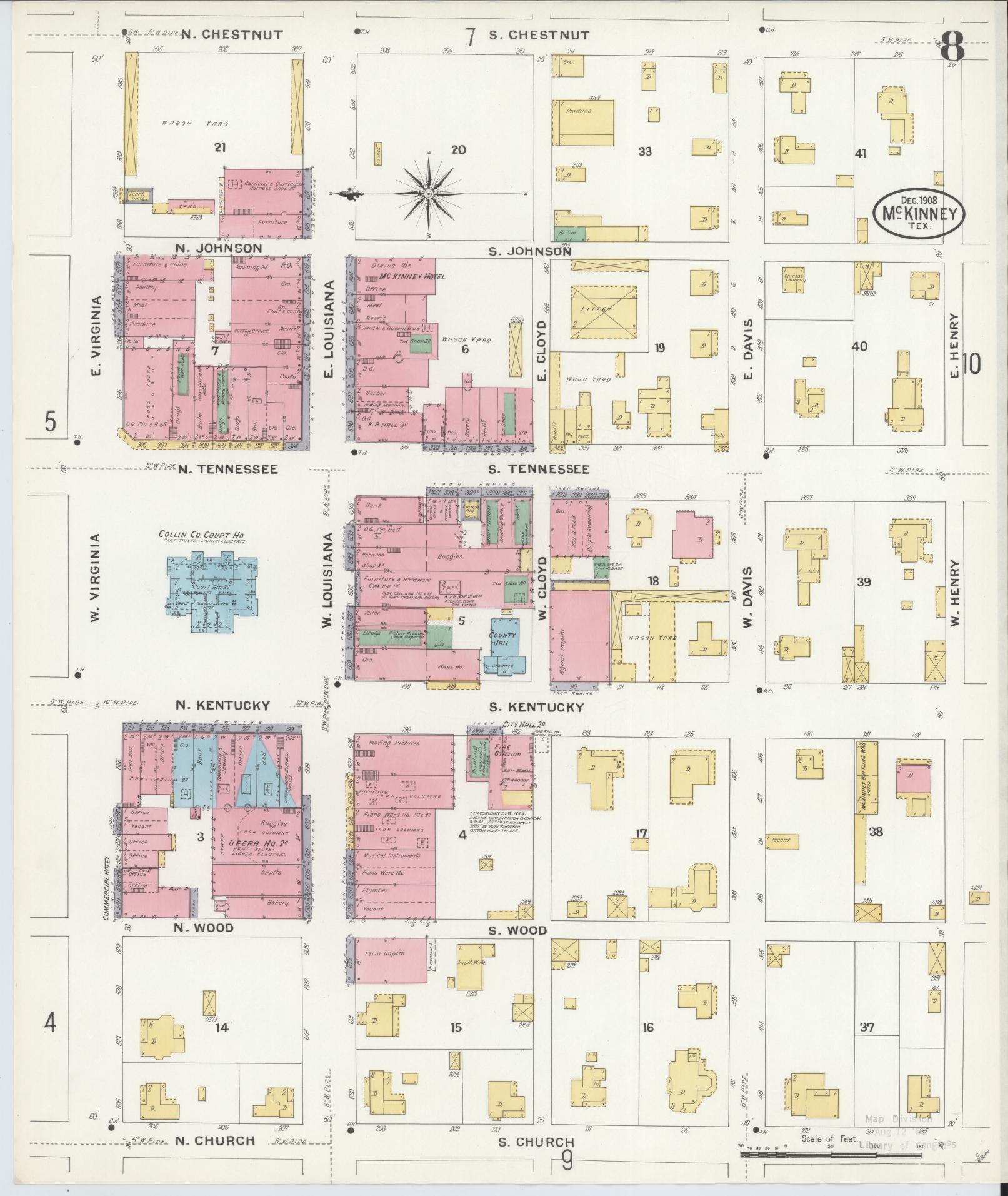 Sanborn Fire Insurance Map from McKinney, Collin County, Texas (1908), Sheet #0008 - Complete Map Set gallery image, historic Sanborn map, vintage wall art, Texas Texas